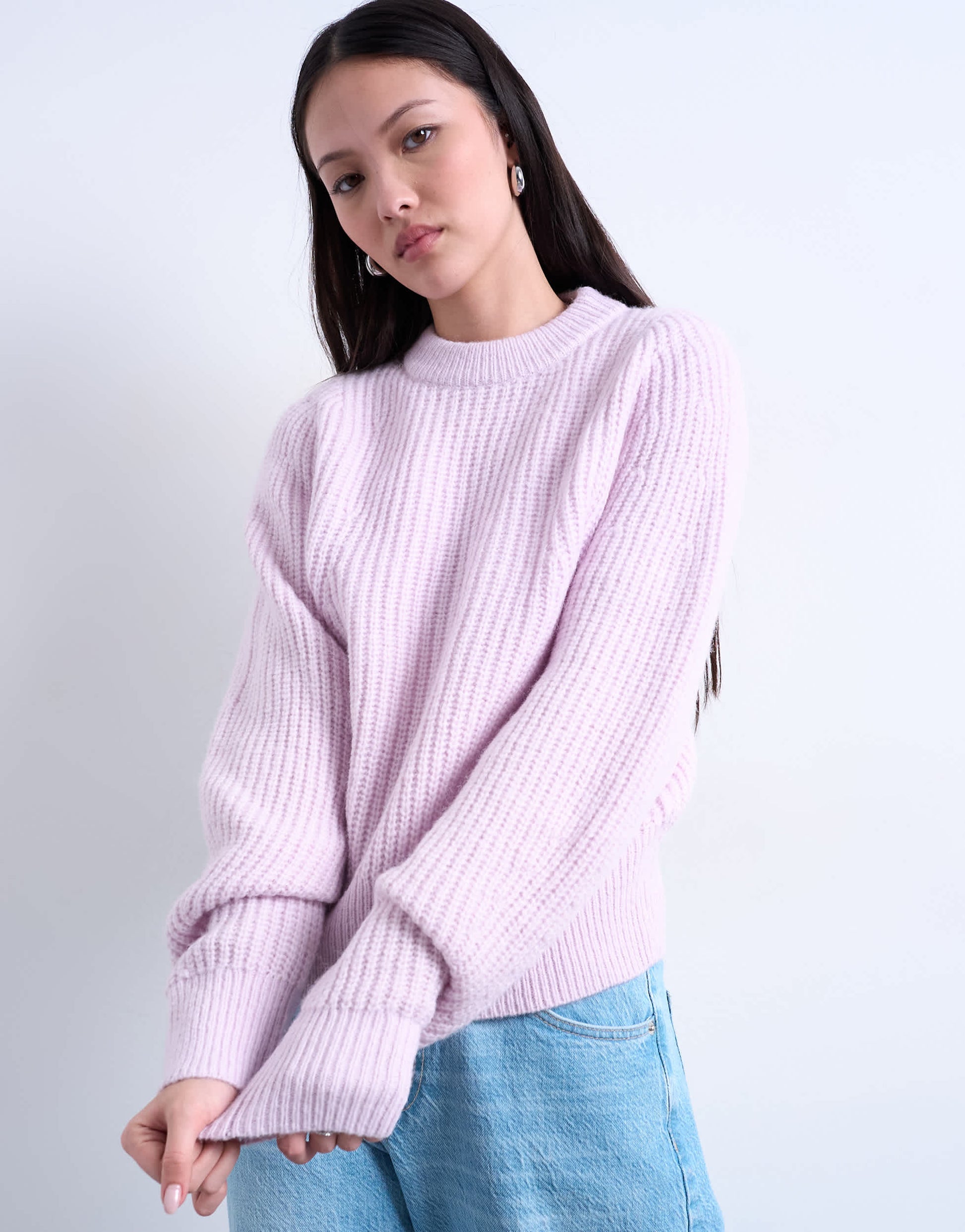 Topshop knitted balloon sleeve jumper in vailed pink