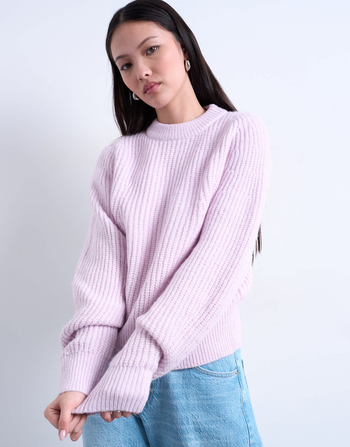 Topshop knitted balloon sleeve jumper in vailed pink