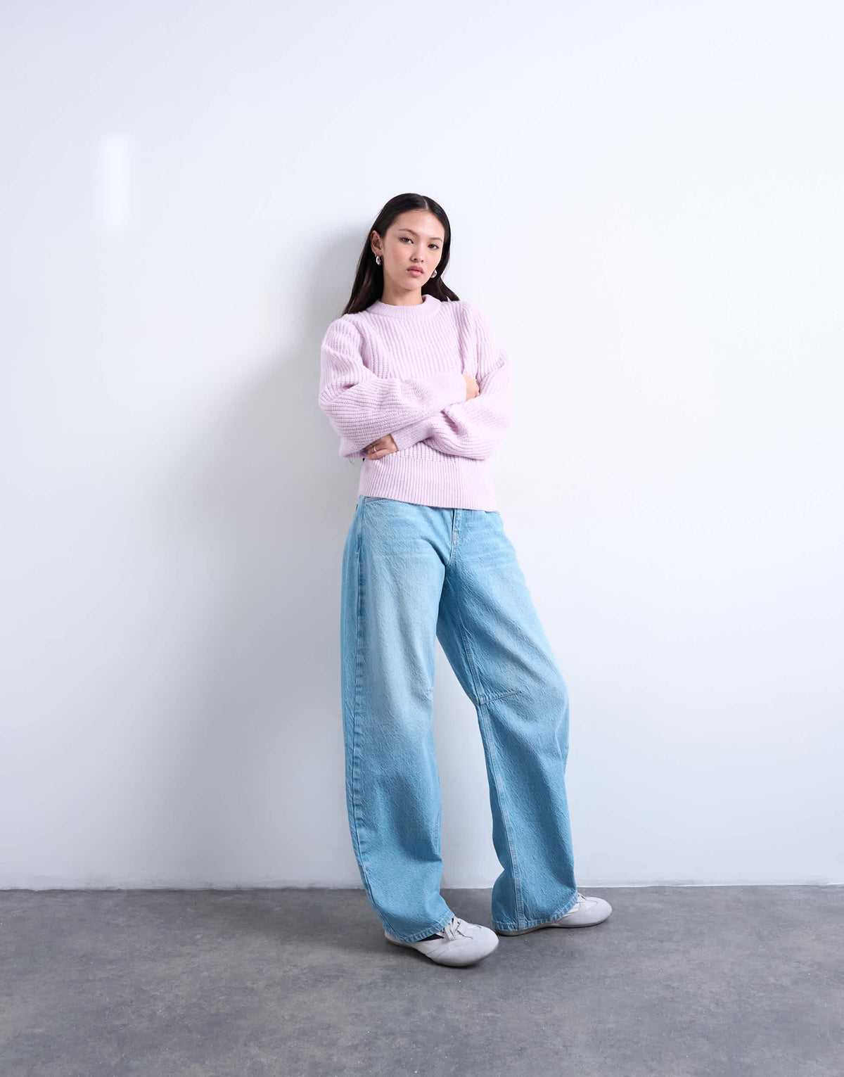 Topshop knitted balloon sleeve jumper in vailed pink