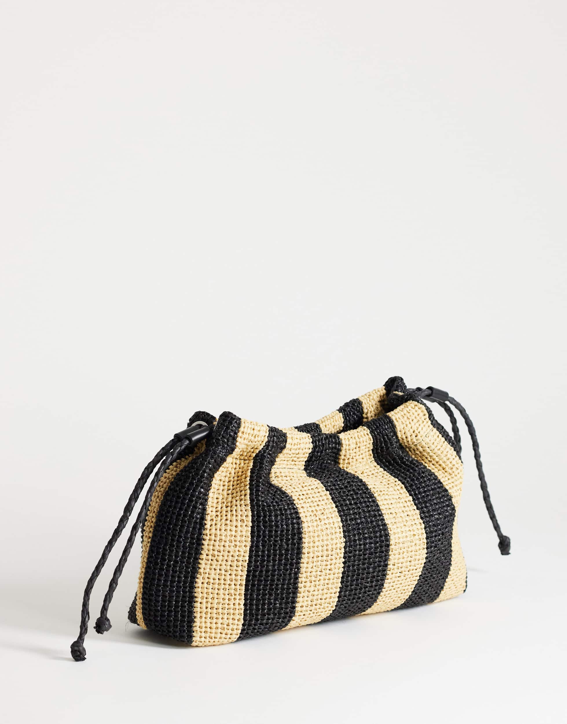 Topshop Jay stripe straw clutch bag in black & natural