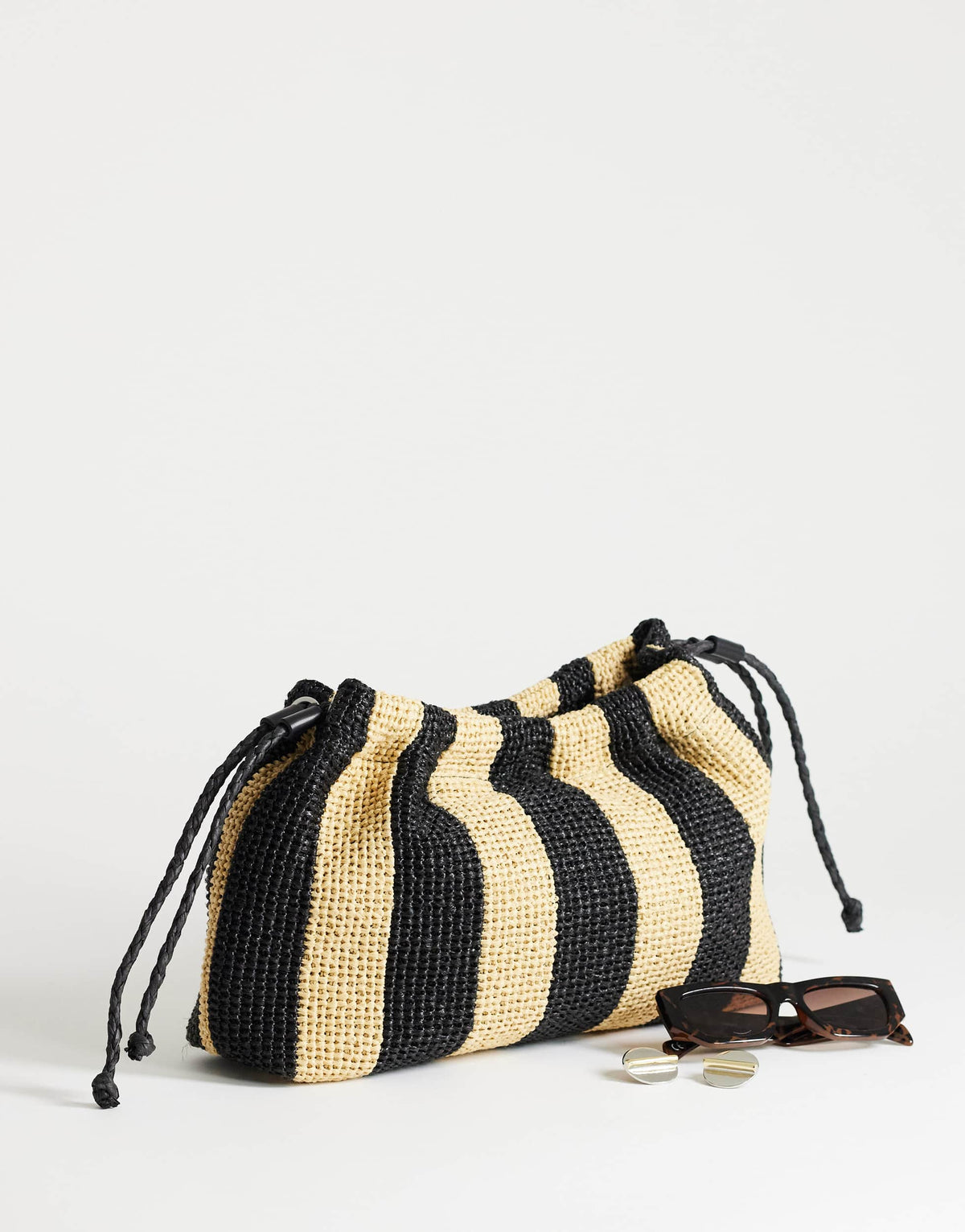 Topshop Jay medium stripe straw clutch bag in black & natural