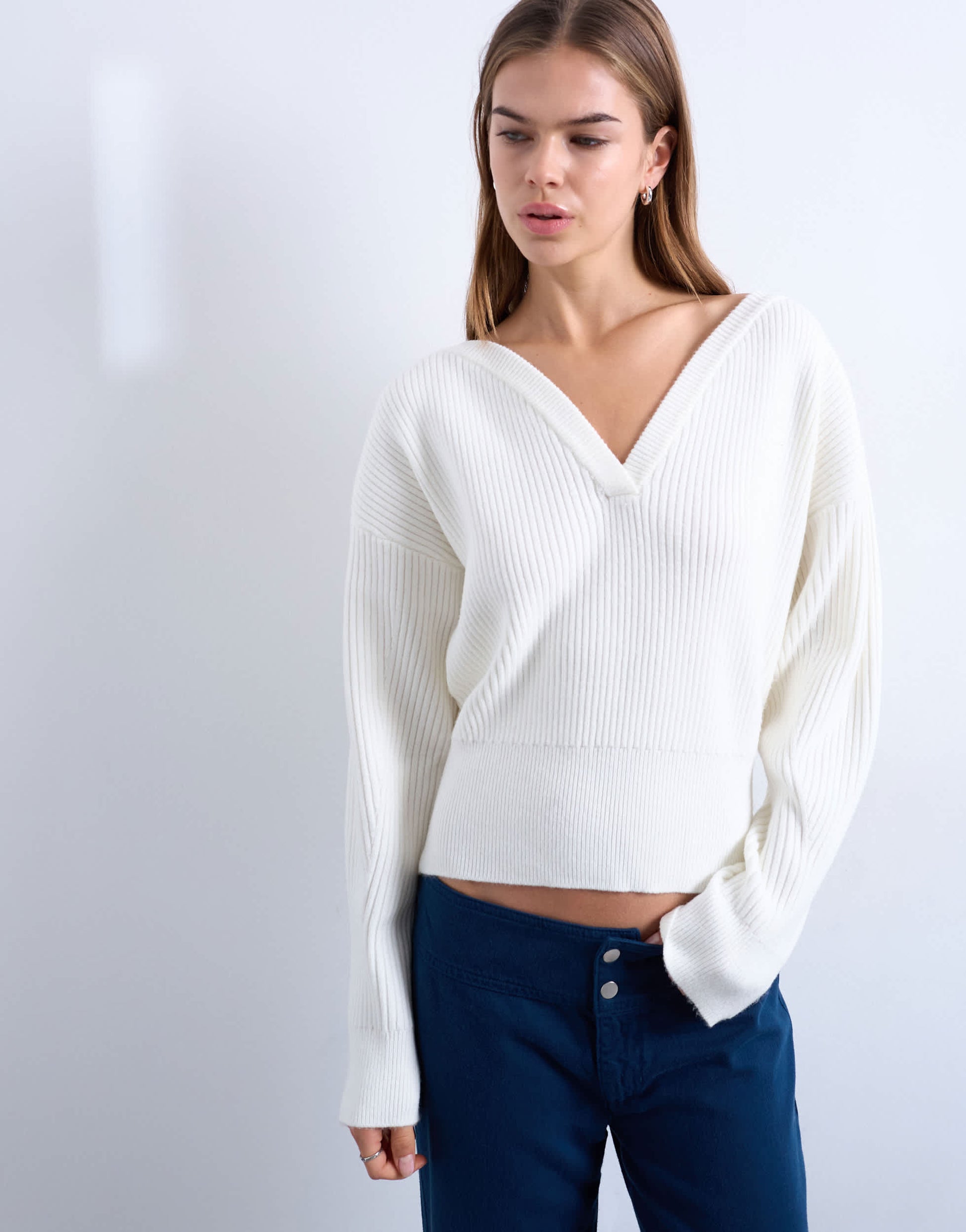 Topshop knitted sweetheart neck cinch waist jumper in ivory