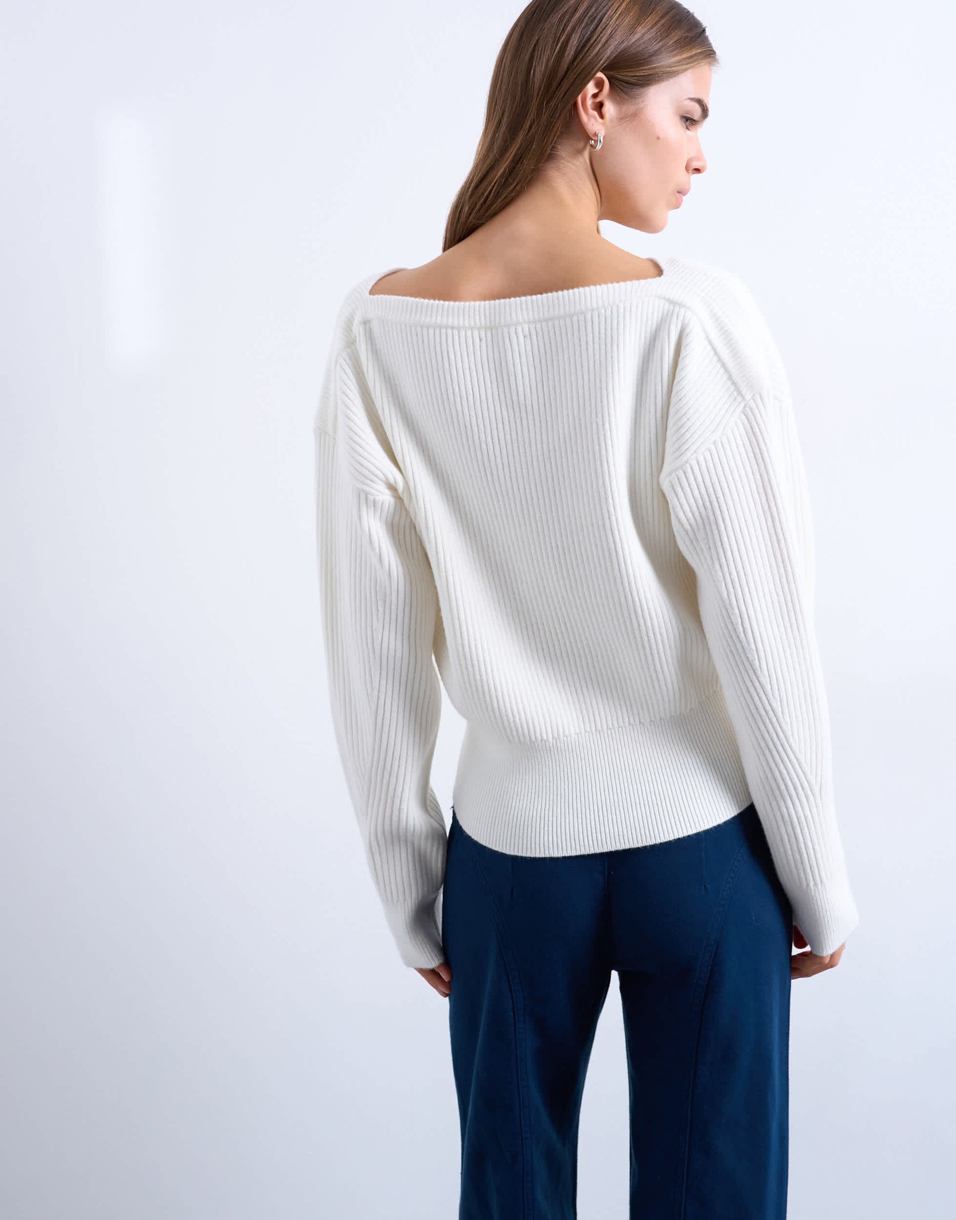 Topshop knitted sweetheart neck cinch waist jumper in ivory