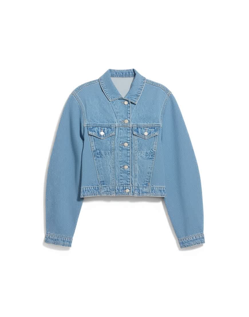 Topshop denim cropped padded shoulder jacket in bleach