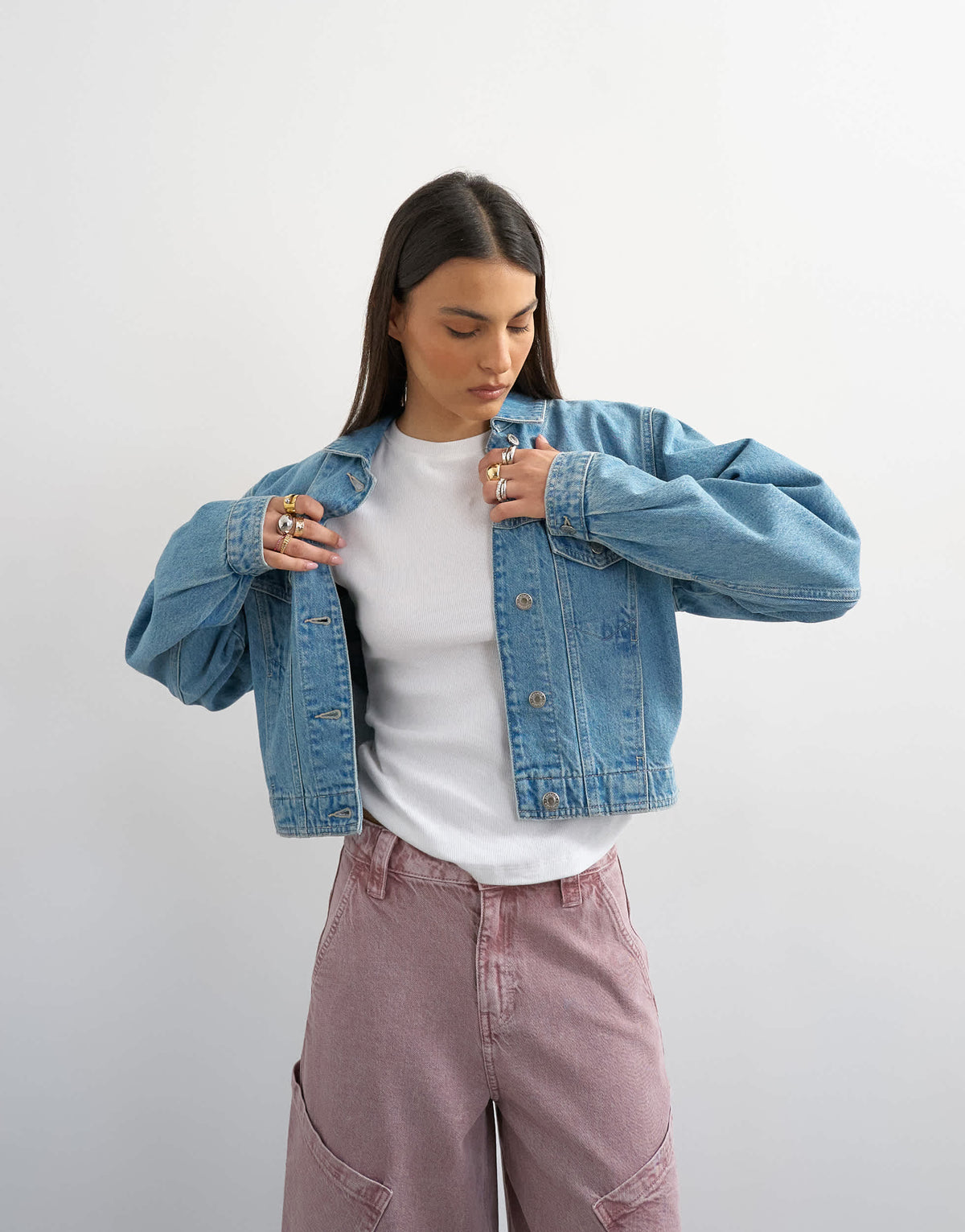 Topshop denim cropped padded shoulder jacket in bleach