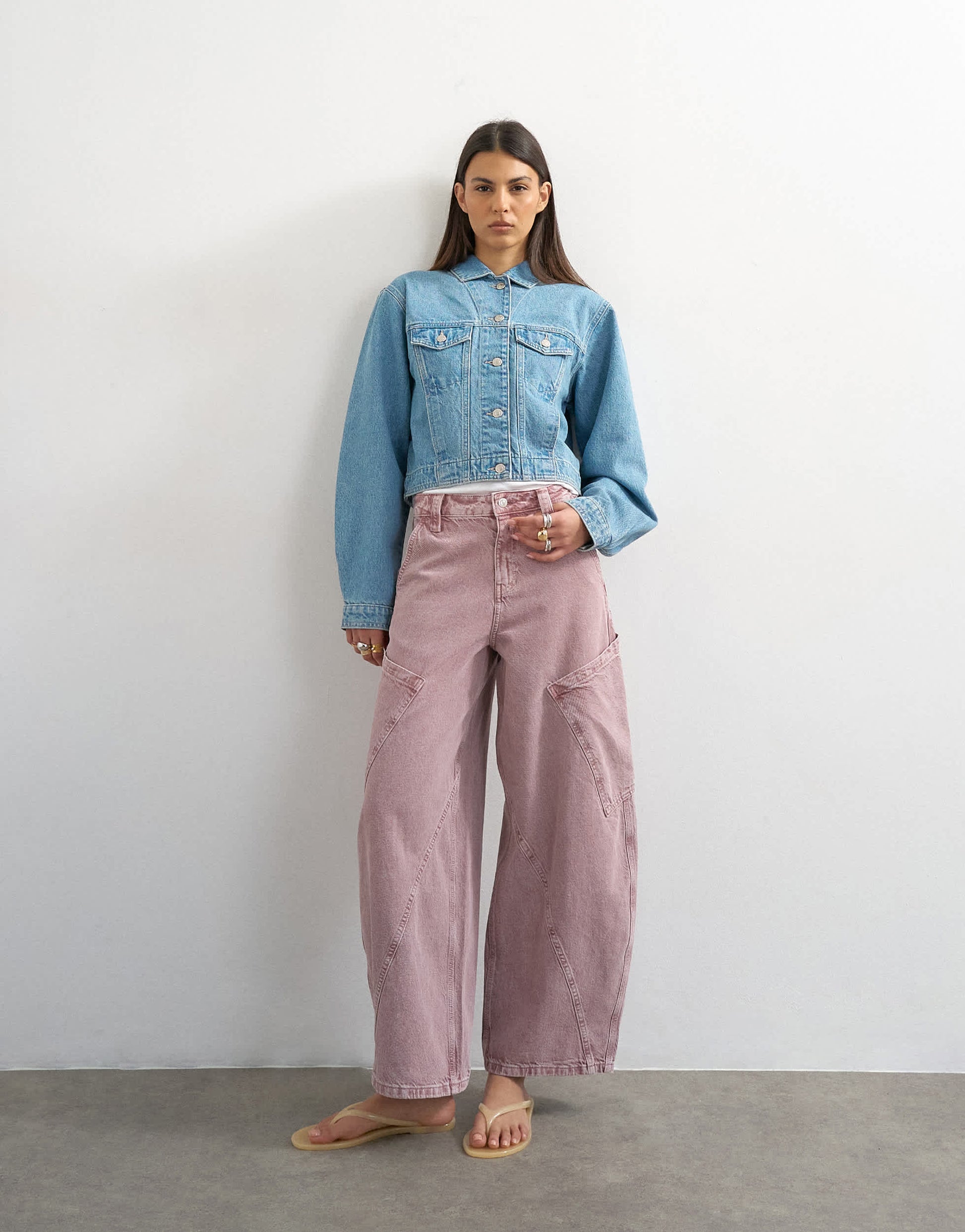 Topshop denim cropped padded shoulder jacket in bleach