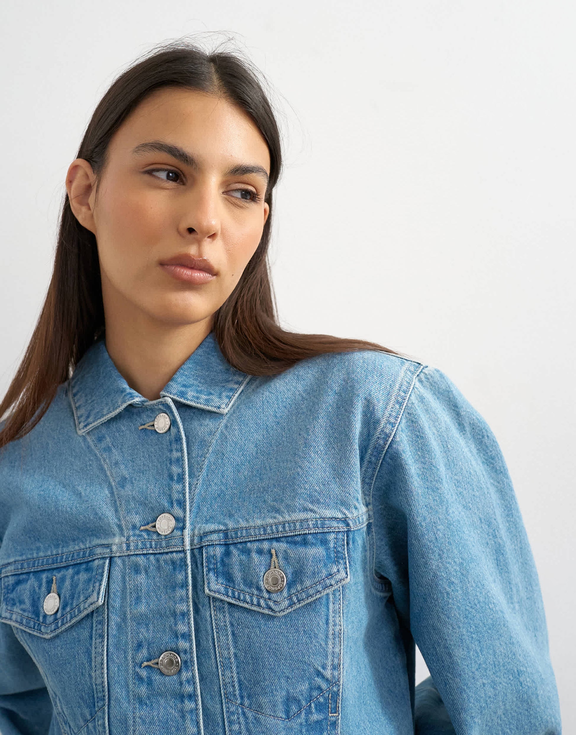 Topshop denim cropped padded shoulder jacket in bleach