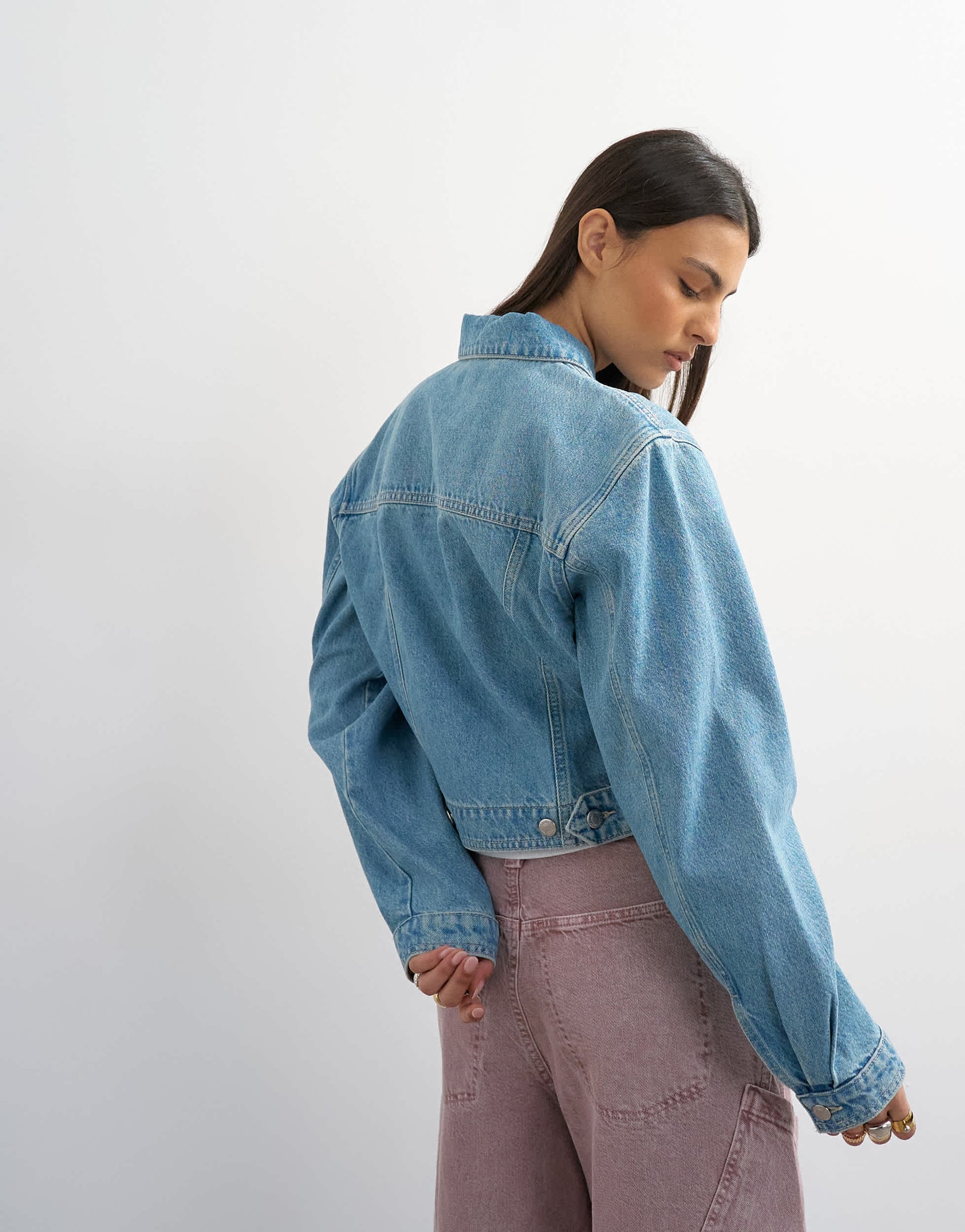 Topshop denim cropped padded shoulder jacket in bleach