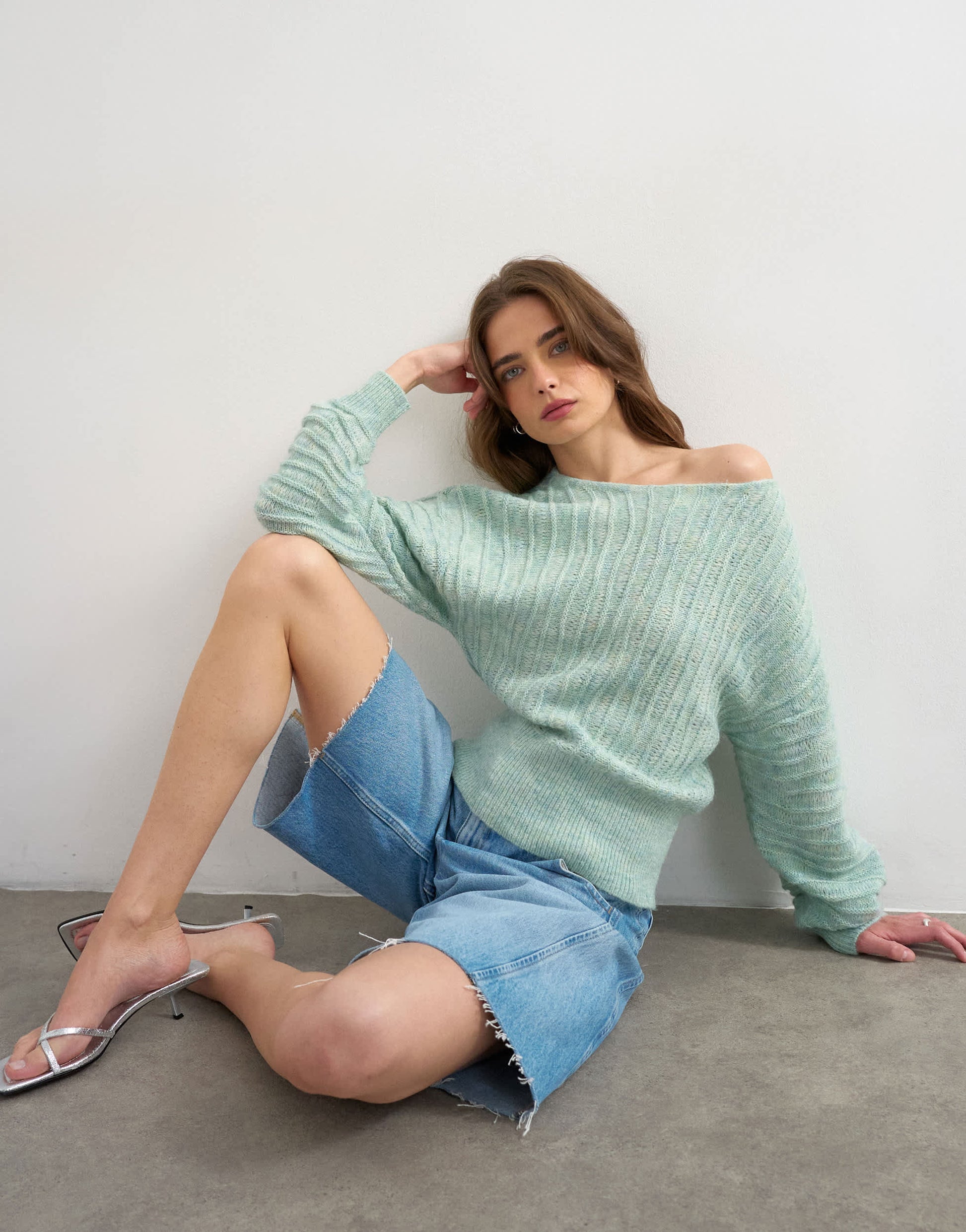 Topshop knitted slash neck wave textured jumper in mint