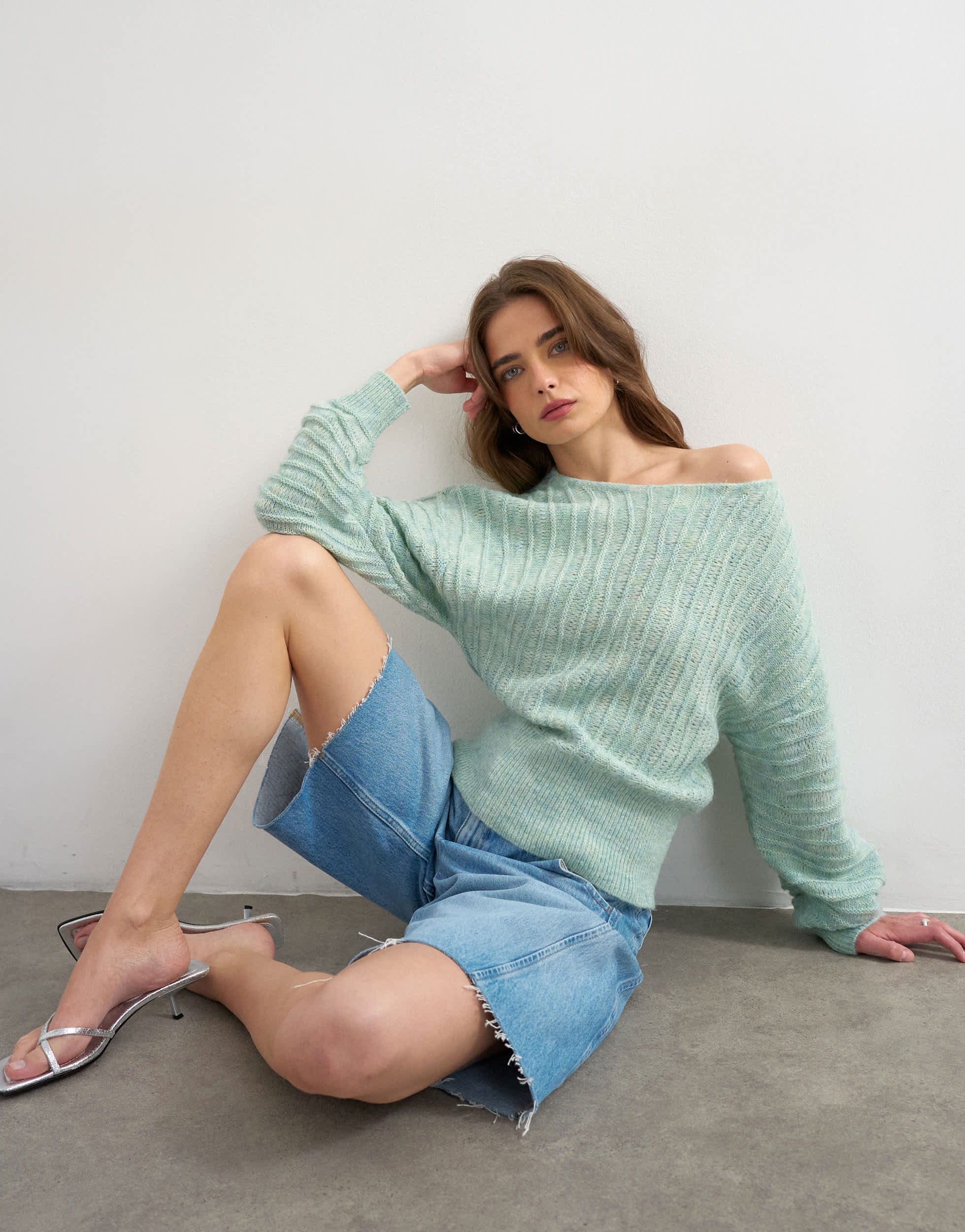 Topshop knitted slash neck wave textured jumper in mint