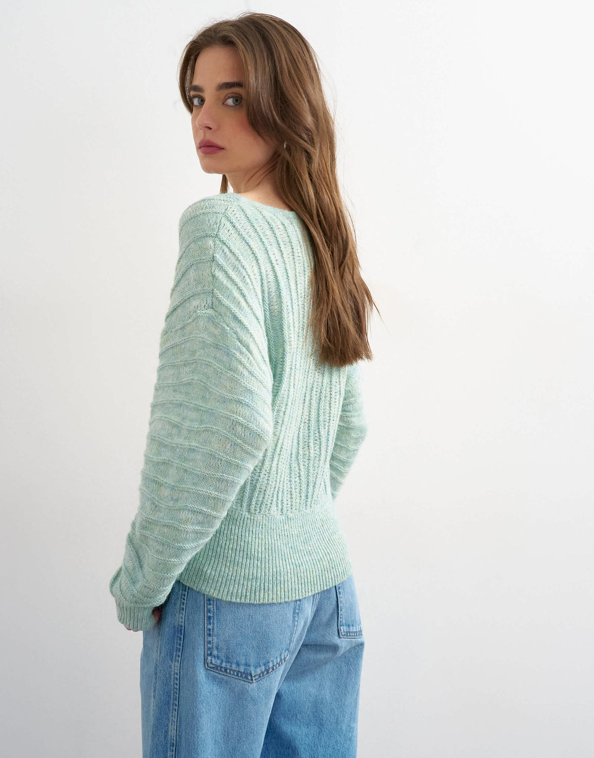 Topshop knitted slash neck wave textured jumper in mint