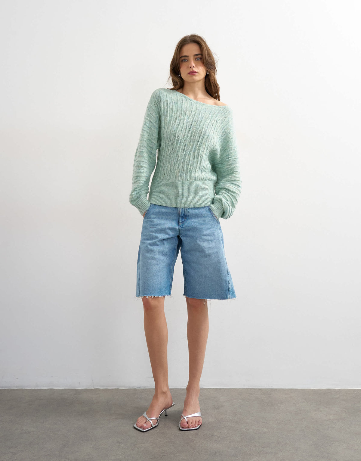 Topshop knitted slash neck wave textured jumper in mint