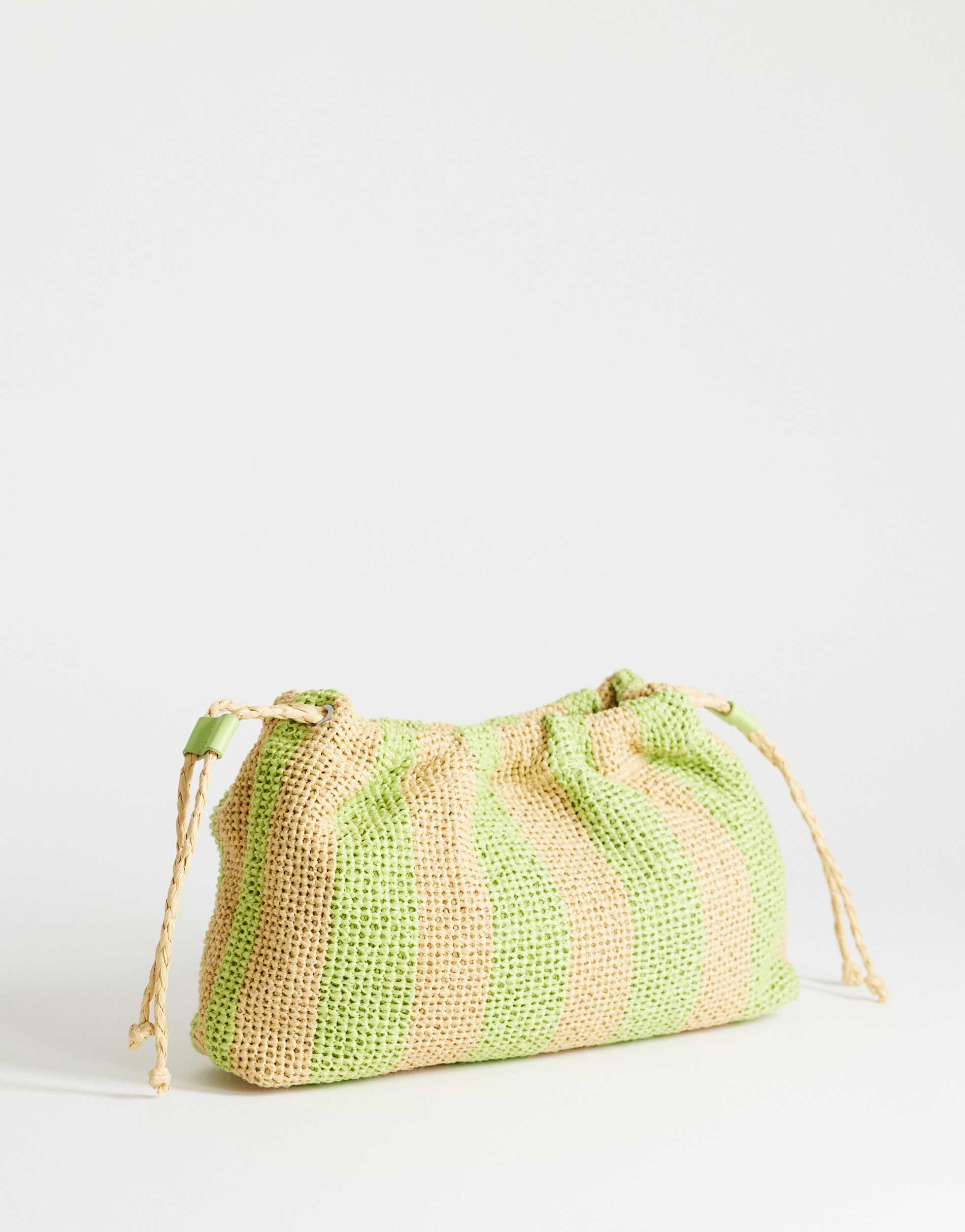 Topshop Jay stripe straw clutch bag in lime & natural