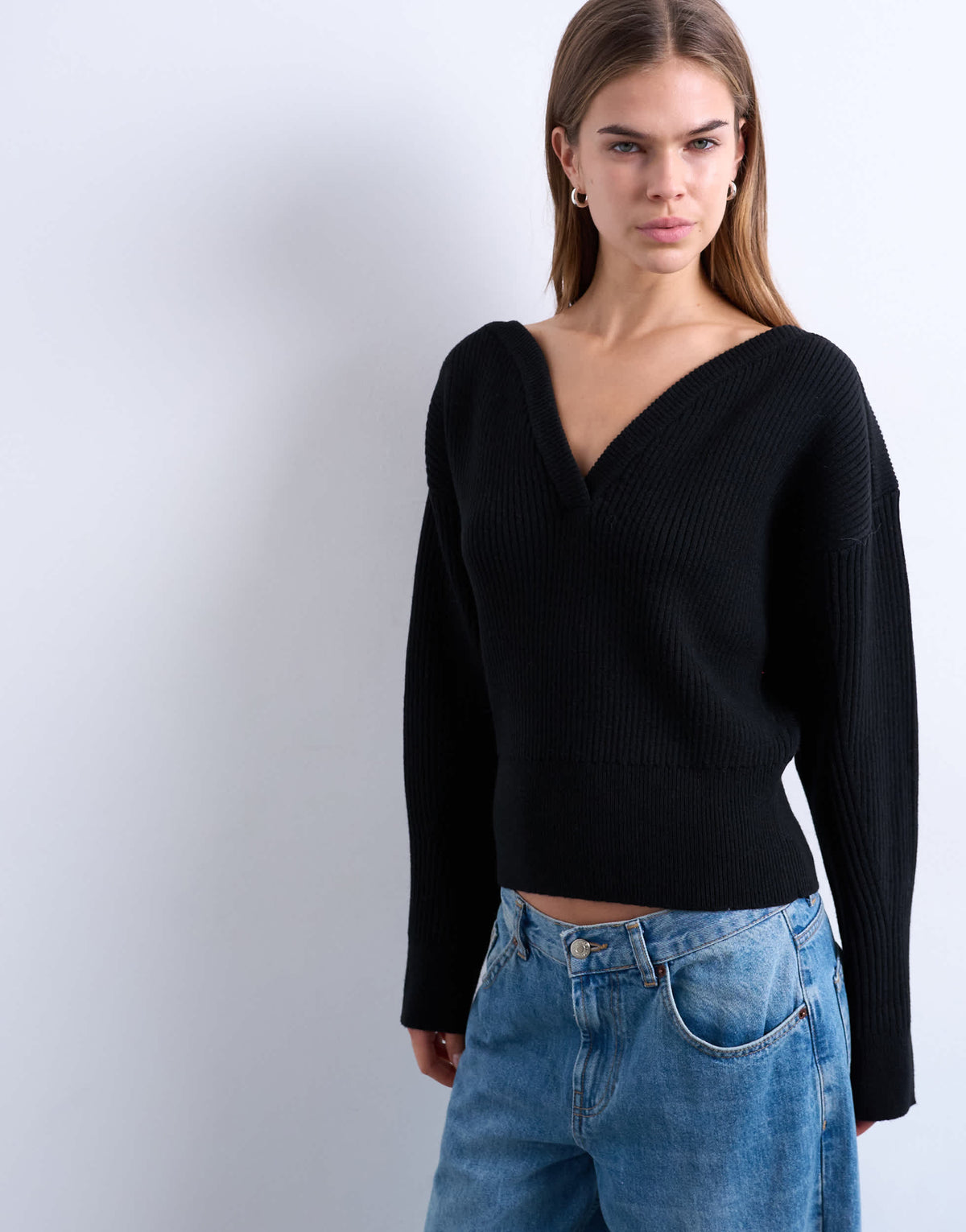 Topshop knitted sweetheart neck cinch waist jumper in black