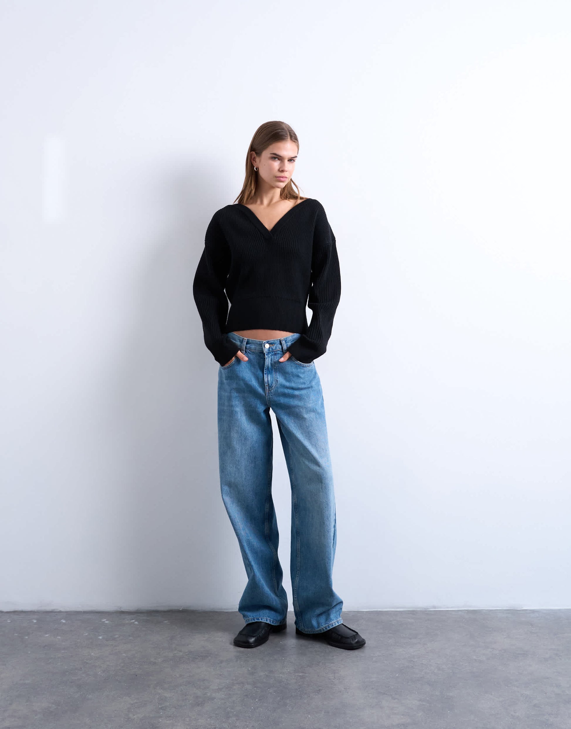 Topshop knitted sweetheart neck cinch waist jumper in black