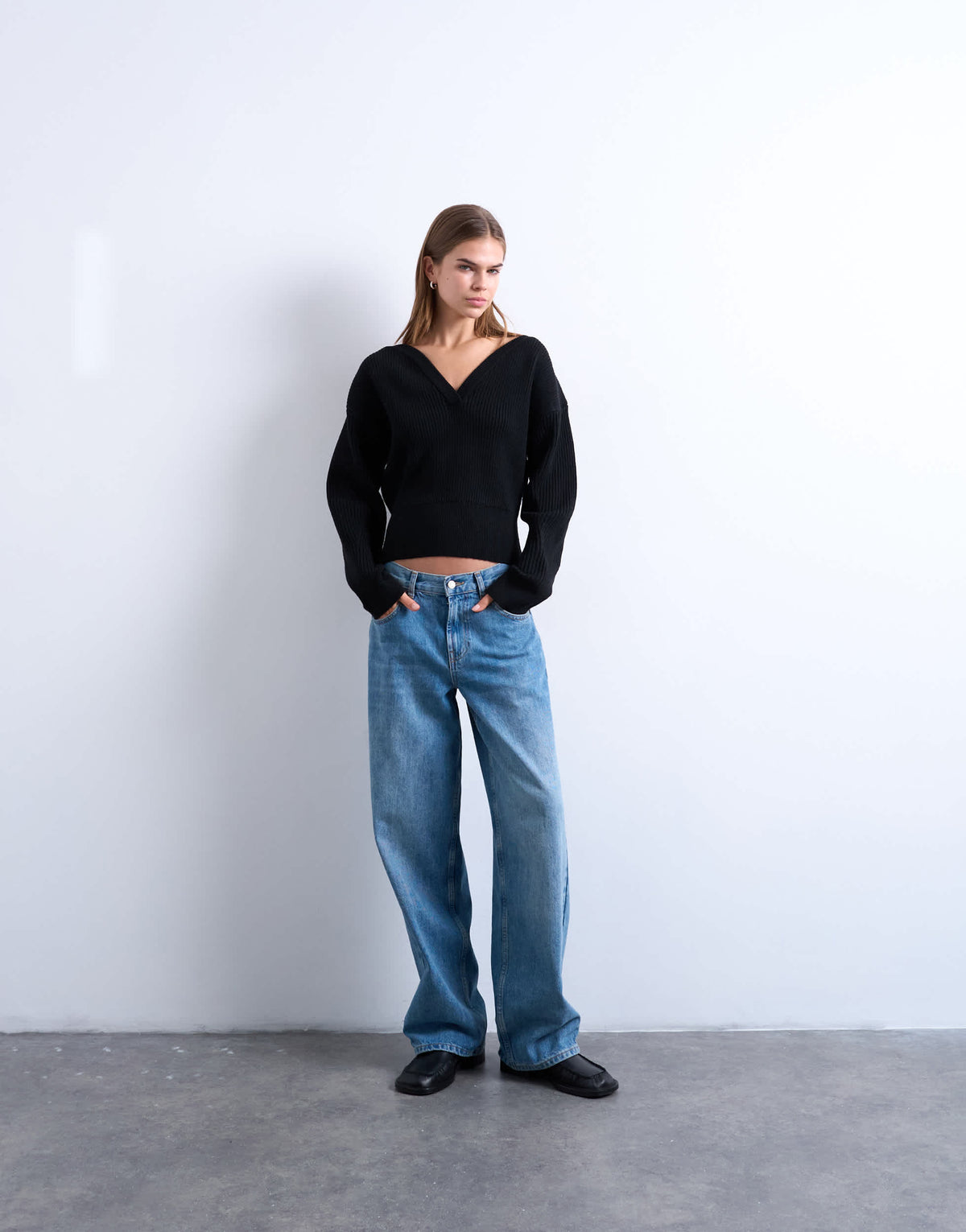 Topshop knitted sweetheart neck cinch waist jumper in black
