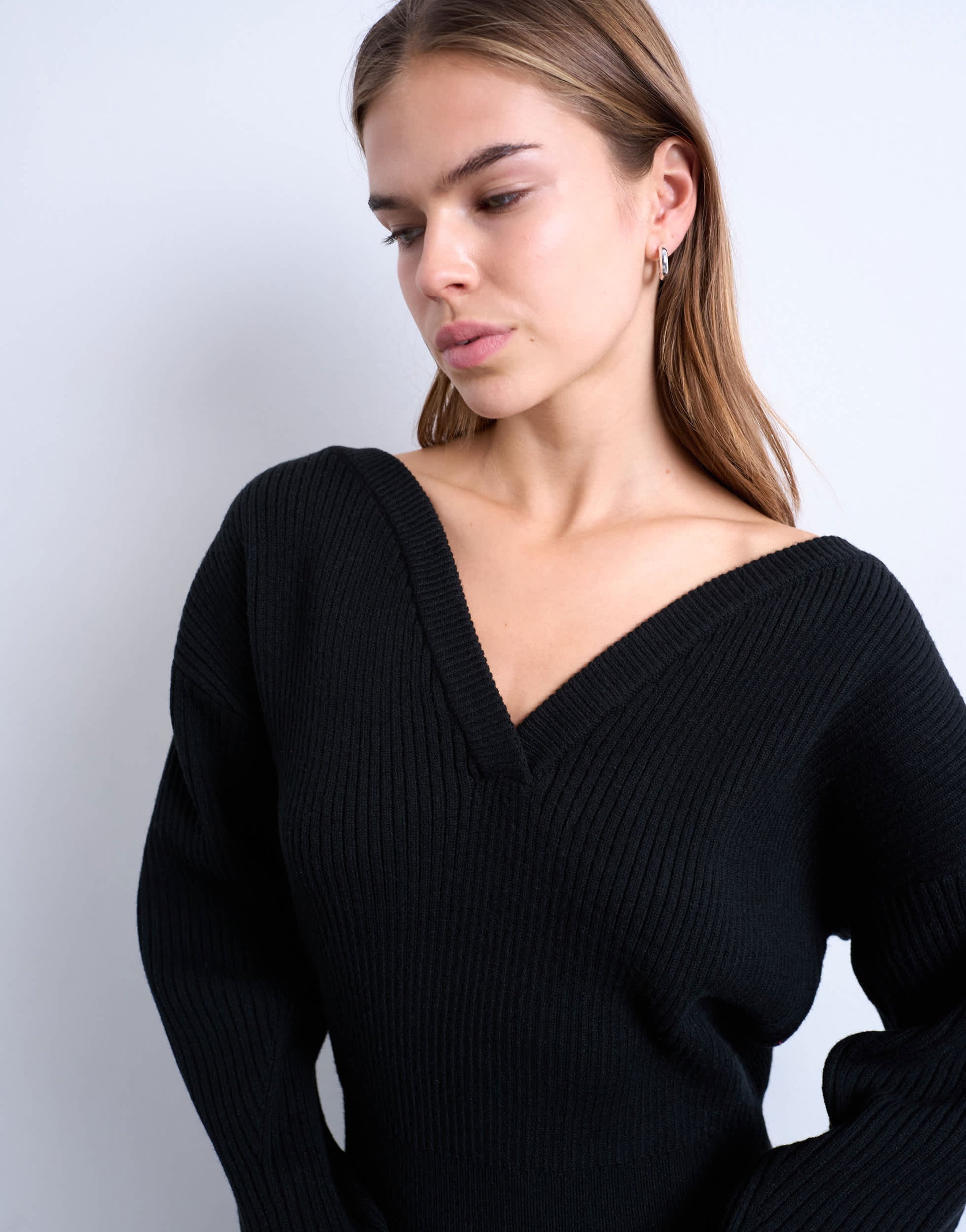 Topshop knitted sweetheart neck cinch waist jumper in black
