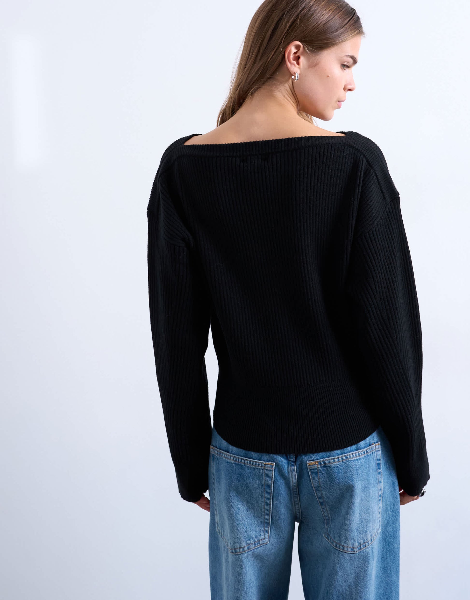 Topshop knitted sweetheart neck cinch waist jumper in black