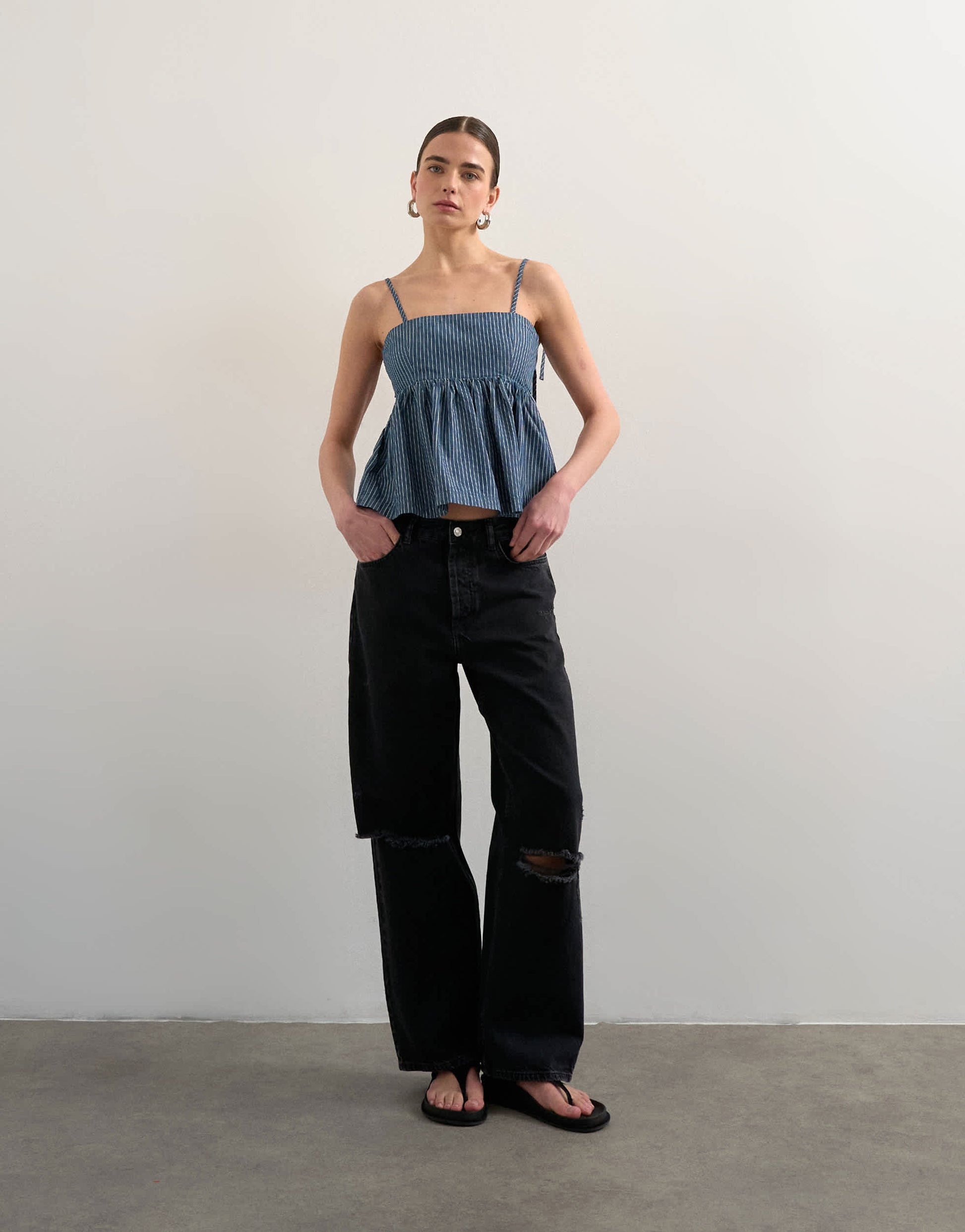 Topshop denim strappy cami top in blue stripe