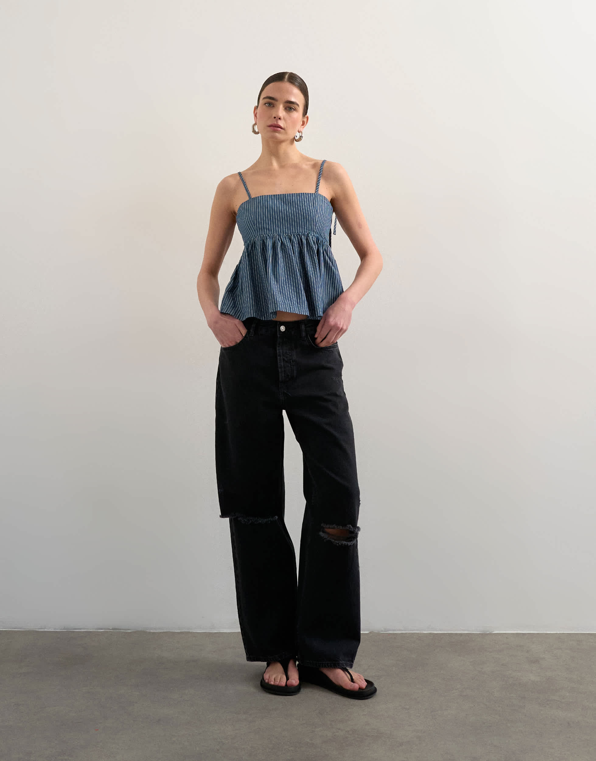 Topshop denim strappy cami top in blue stripe