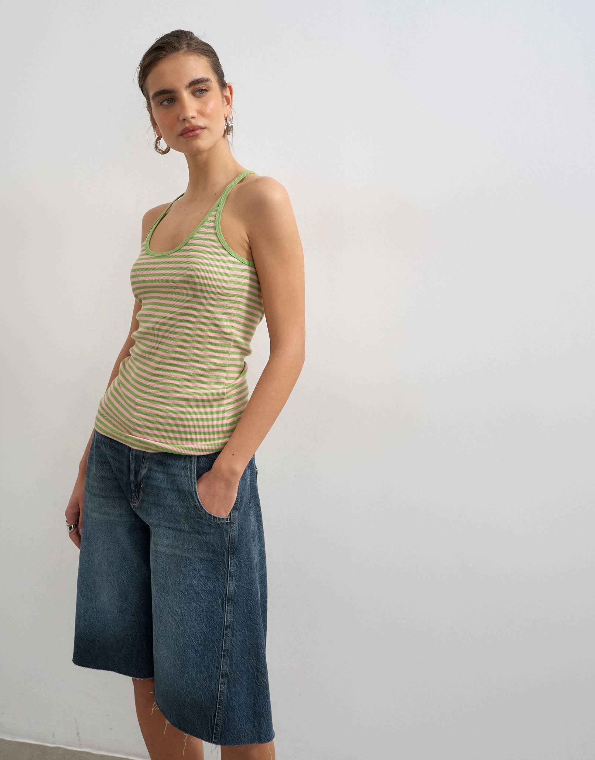 Topshop stripe spaghetti strap scoop racer vest in pink and green