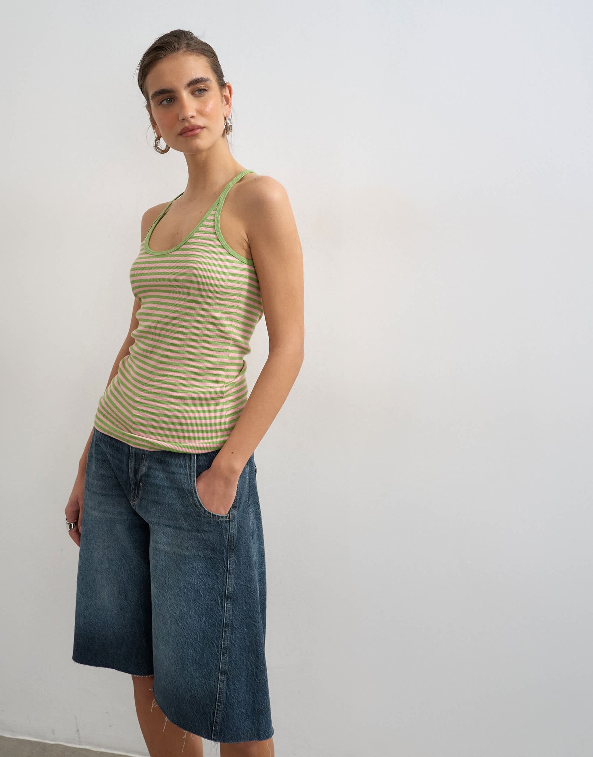 Topshop stripe spaghetti strap scoop racer vest in pink and green
