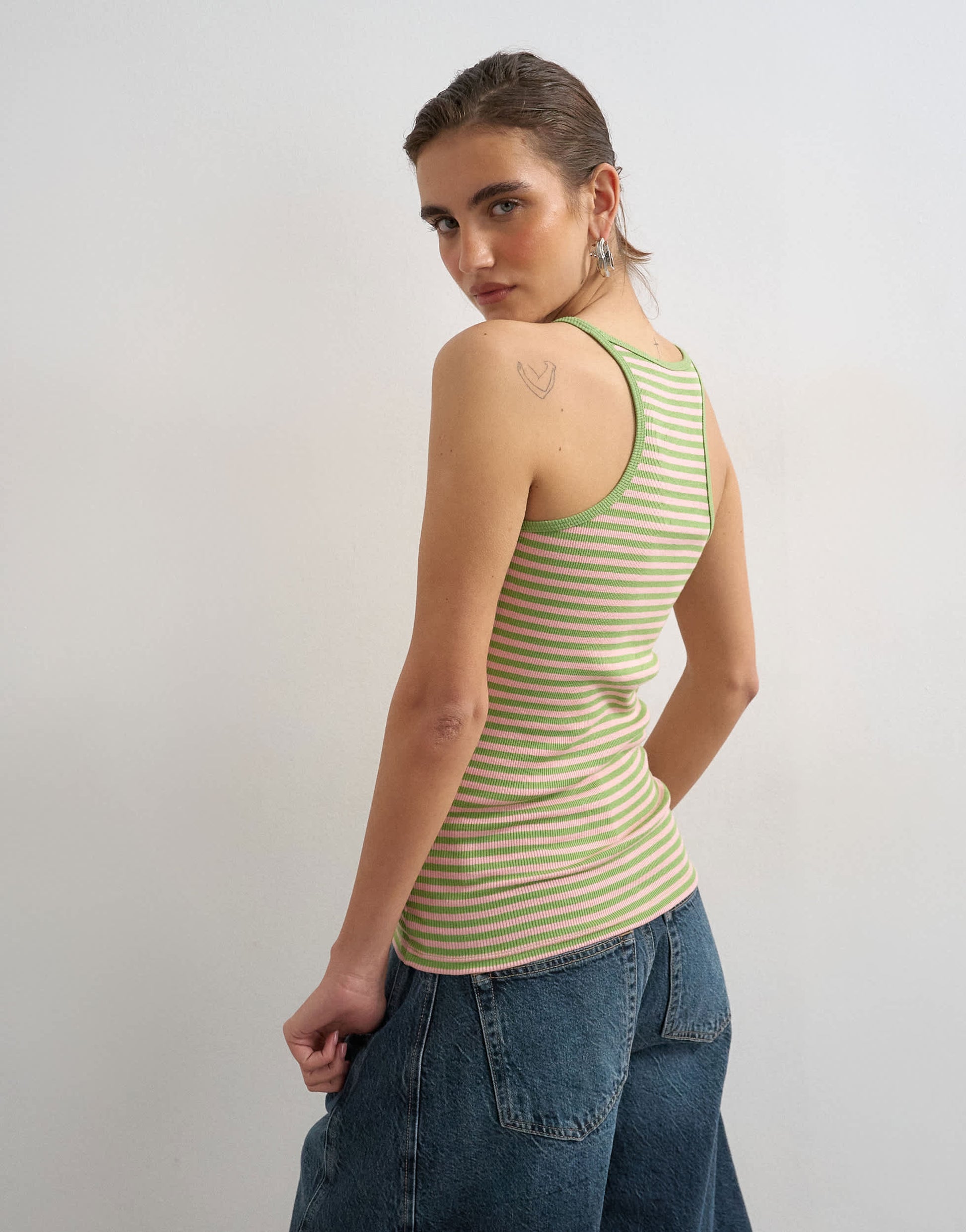 Topshop stripe spaghetti strap scoop racer vest in pink and green