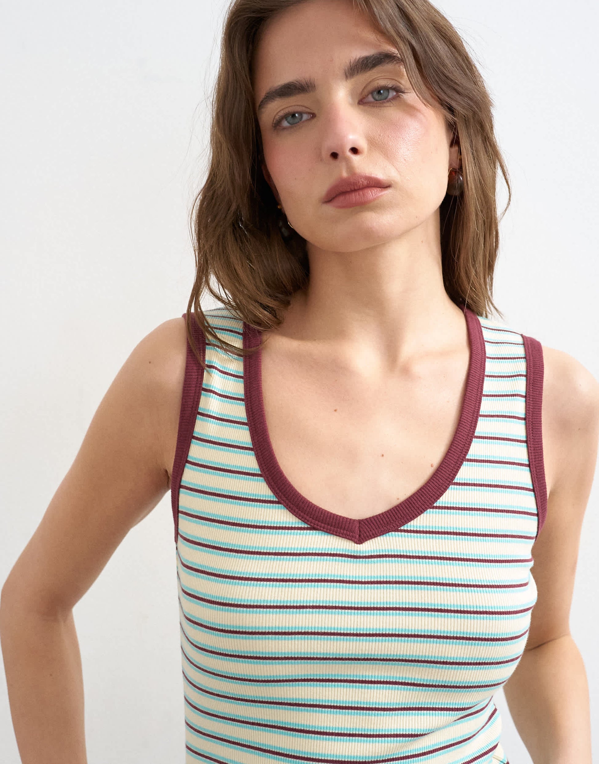 Topshop stripe rib v-neck vest in burgundy