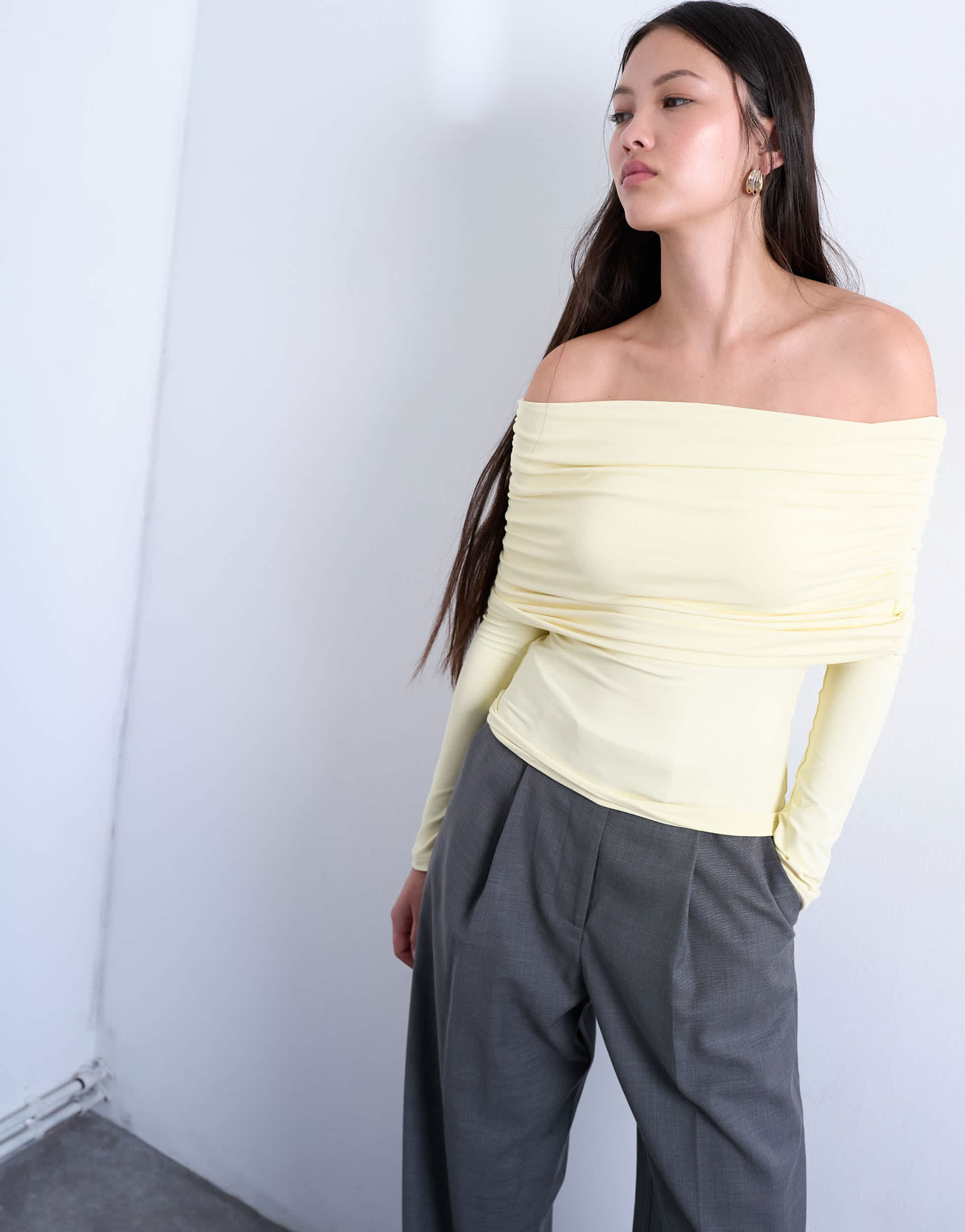 Topshop slinky deep fold bardot long sleeve top in buttermilk