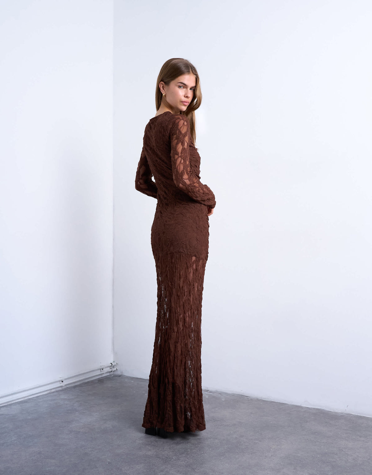 Topshop lace ruched front drop waist maxi dress in chocolate