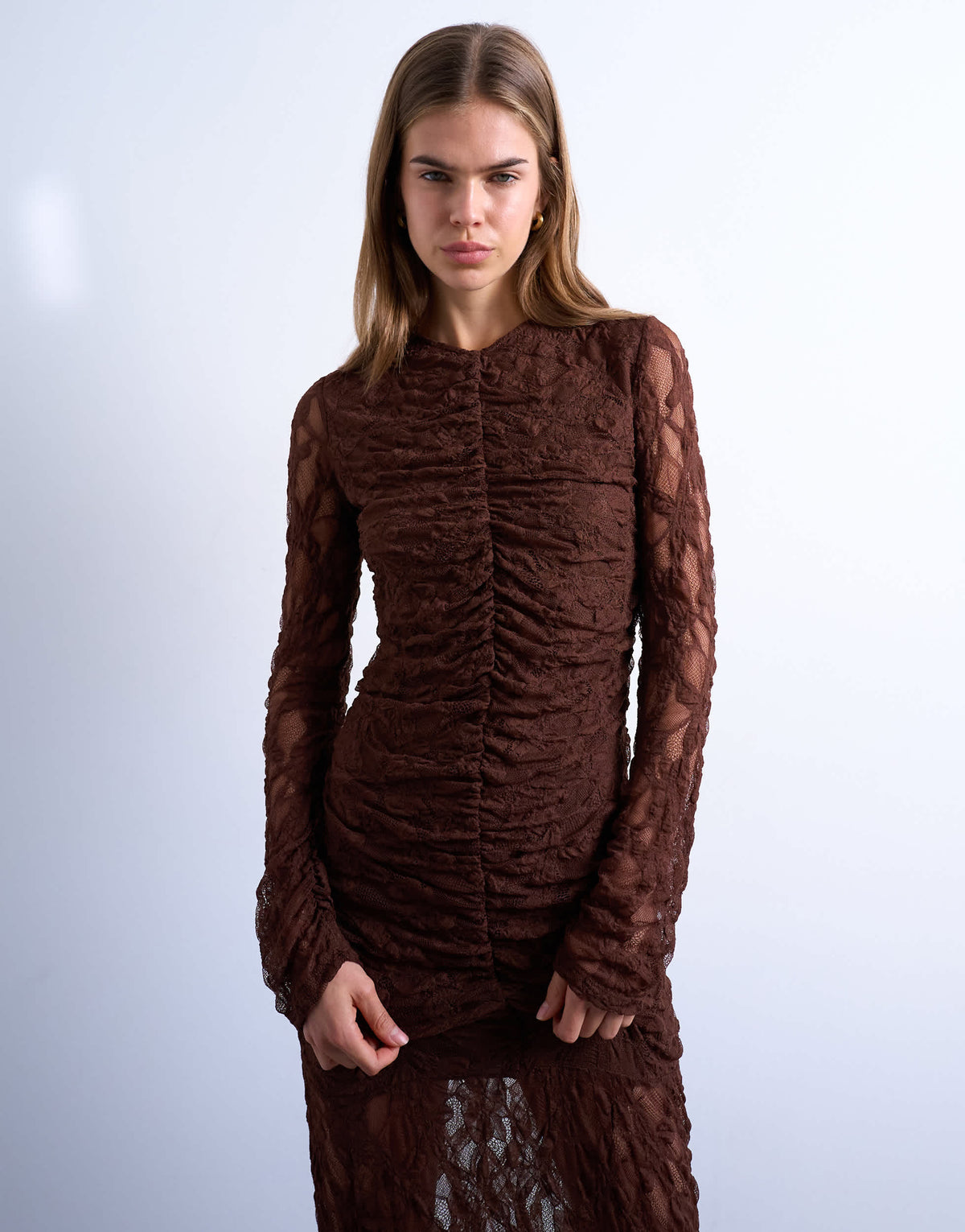 Topshop lace ruched front drop waist maxi dress in chocolate