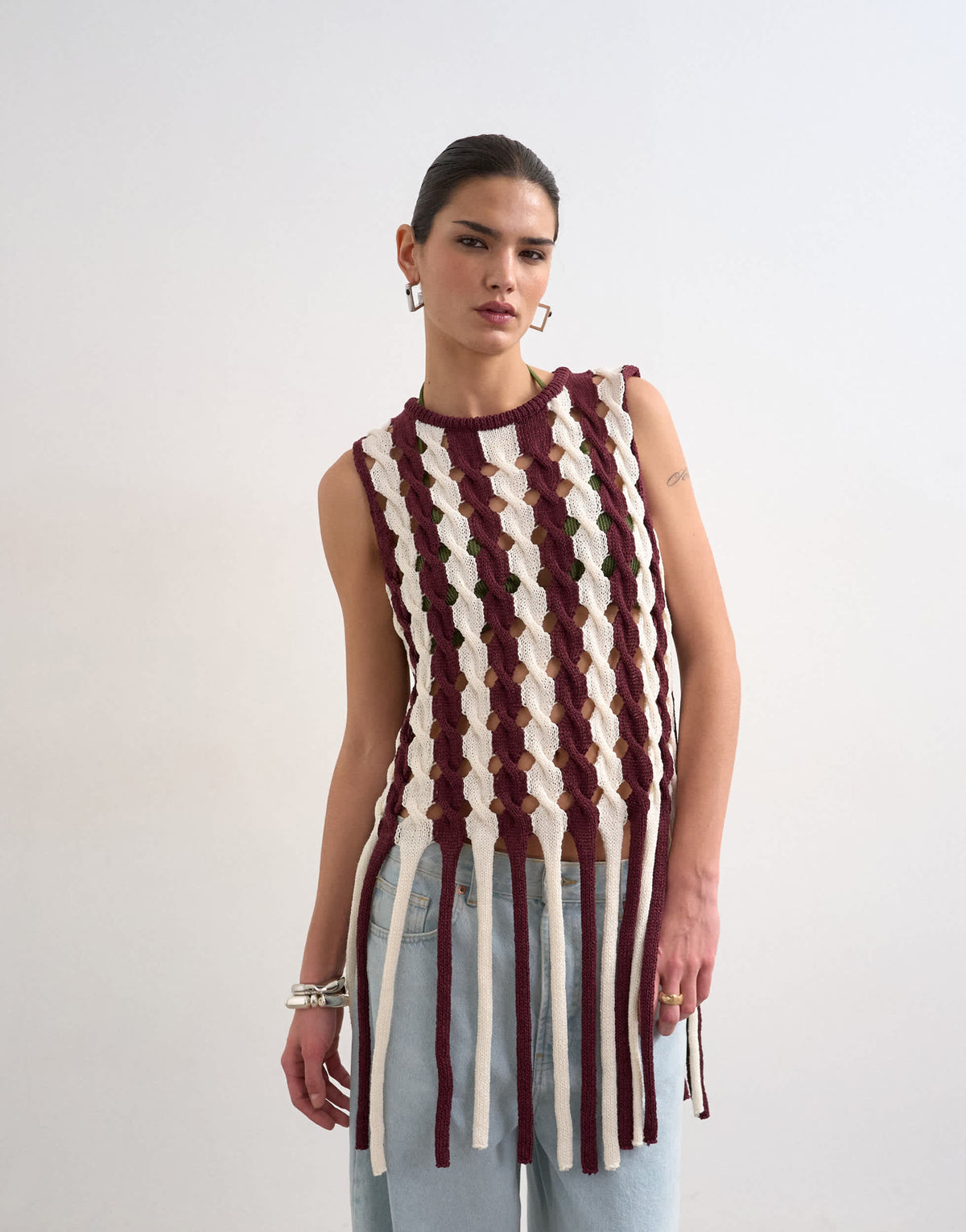 Topshop knitted sleeveless longline knit top with tassel fringe hem in burgundy