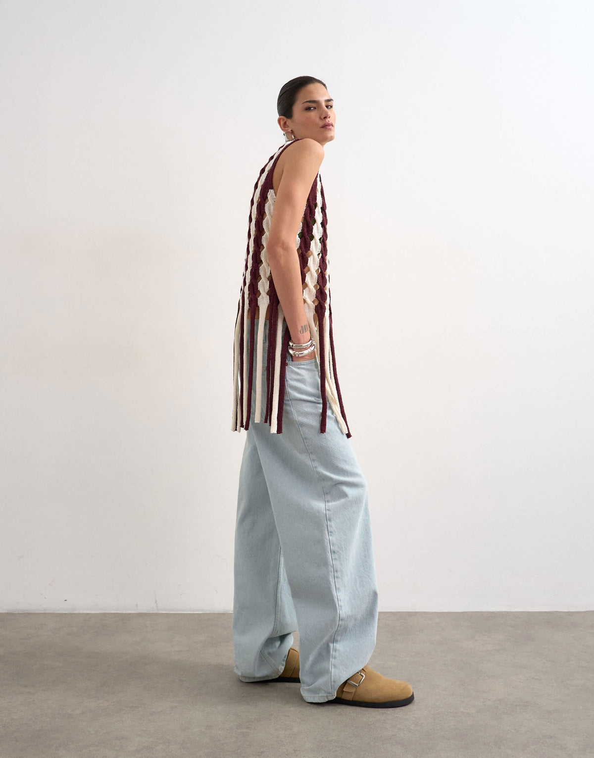 Topshop knitted sleeveless longline knit top with tassel fringe hem in burgundy
