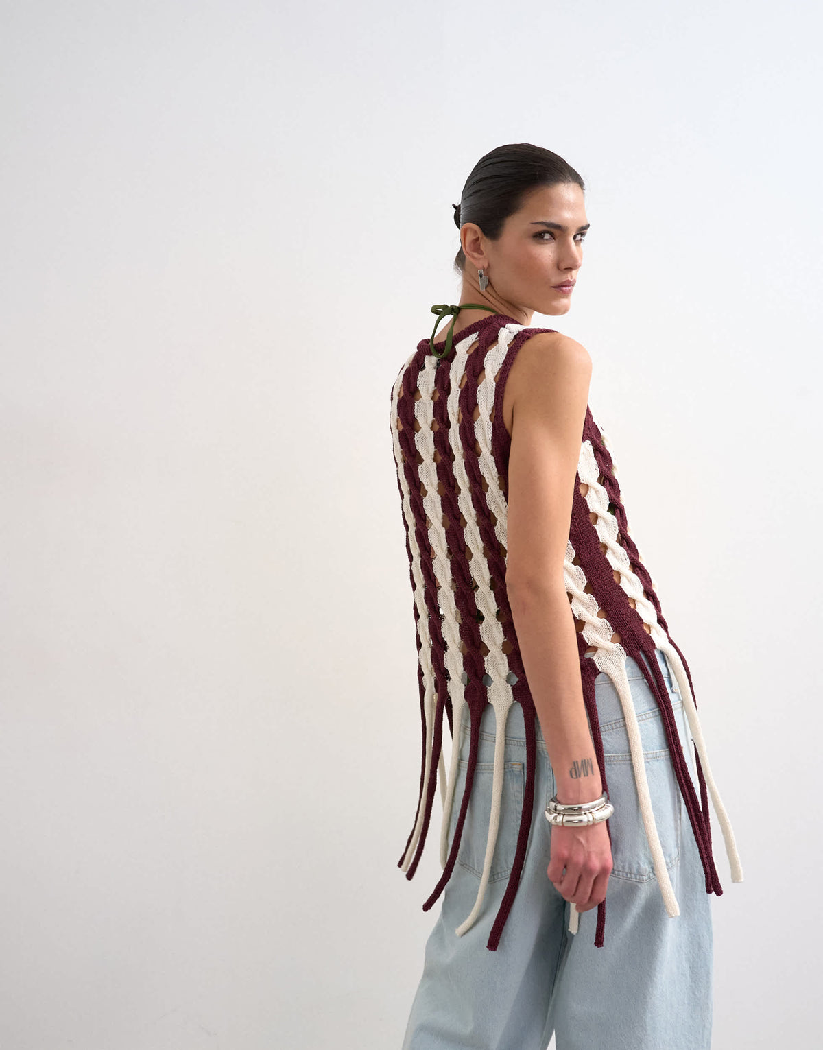 Topshop knitted sleeveless longline knit top with tassel fringe hem in burgundy