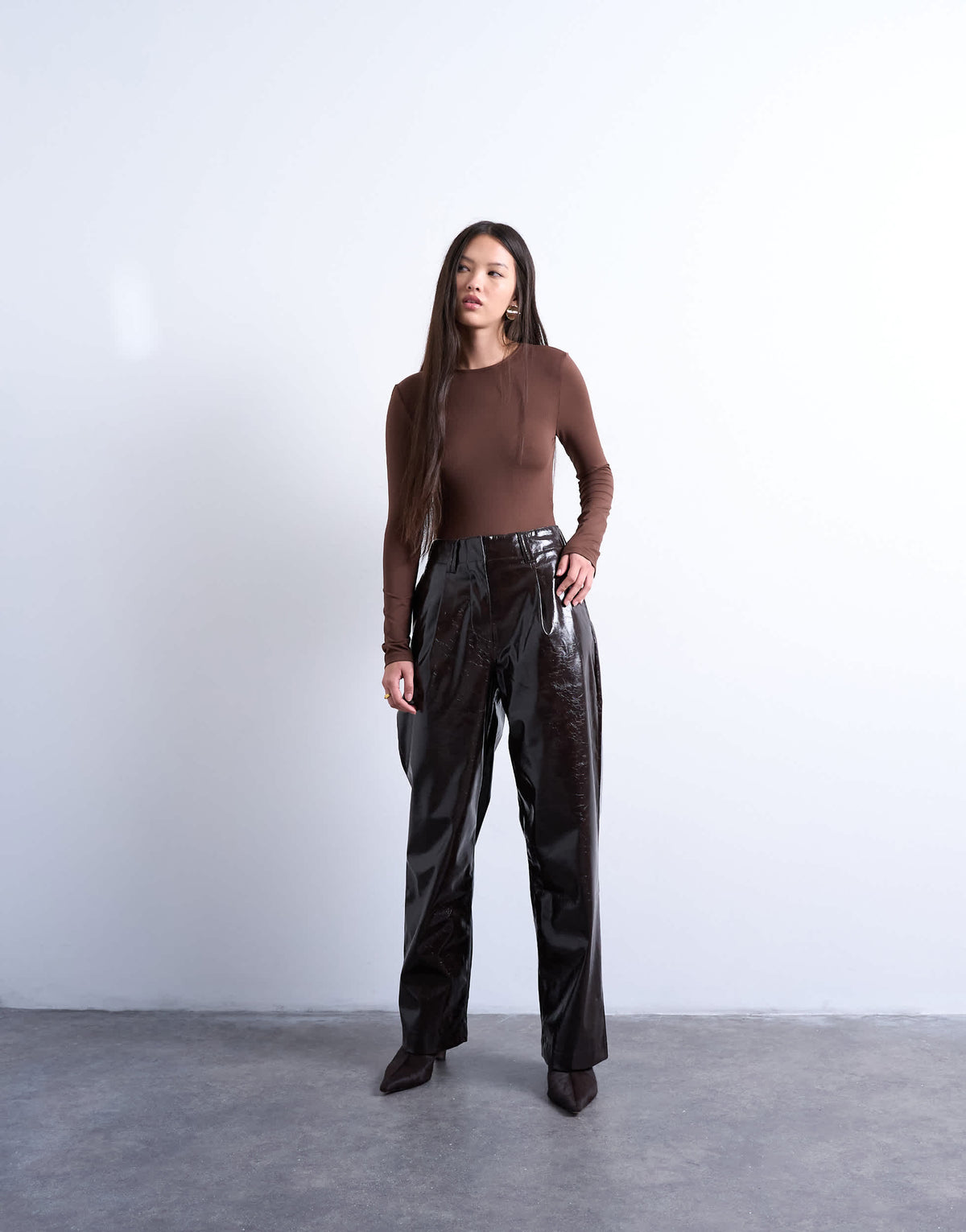 Topshop slinky long sleeve knot back detail bodysuit in chocolate