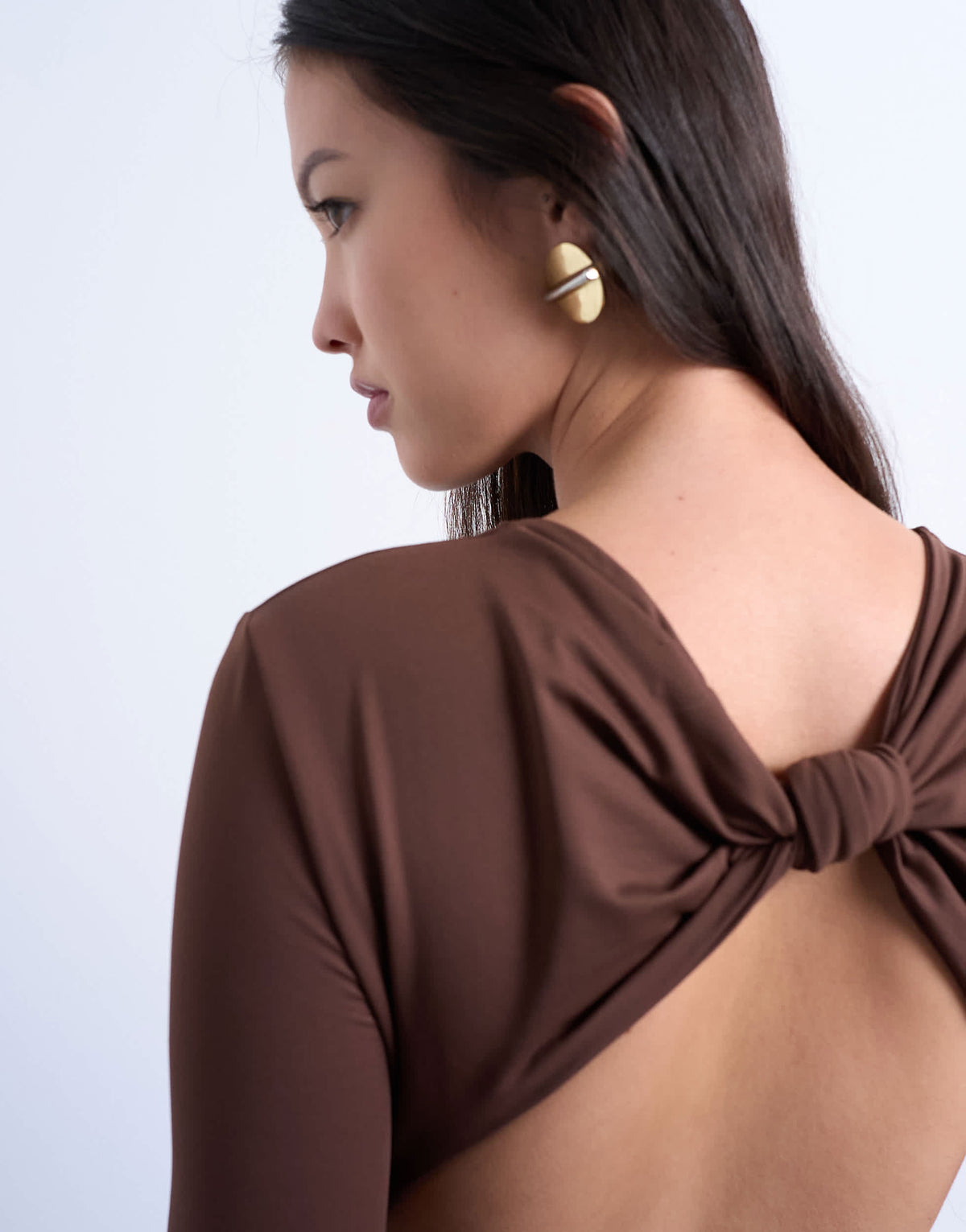 Topshop slinky long sleeve knot back detail bodysuit in chocolate