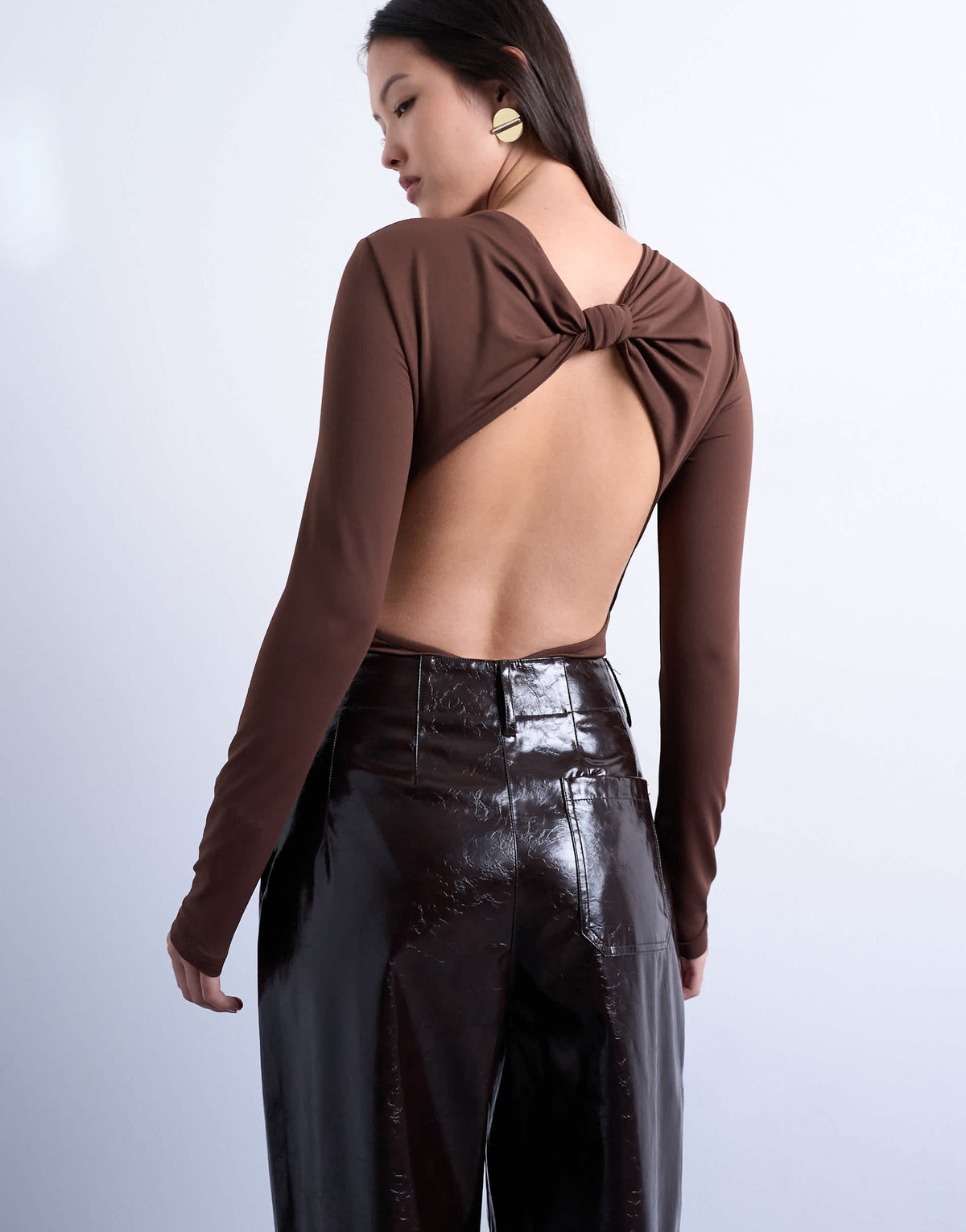 Topshop slinky long sleeve knot back detail bodysuit in chocolate