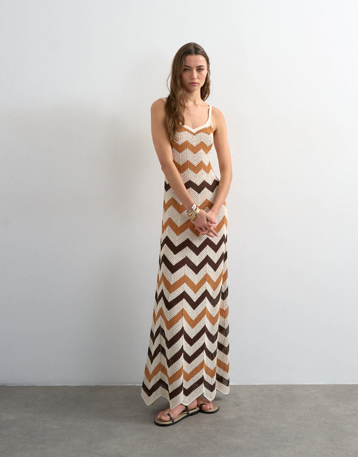 Topshop knitted chevron stripe maxi dress in neutral