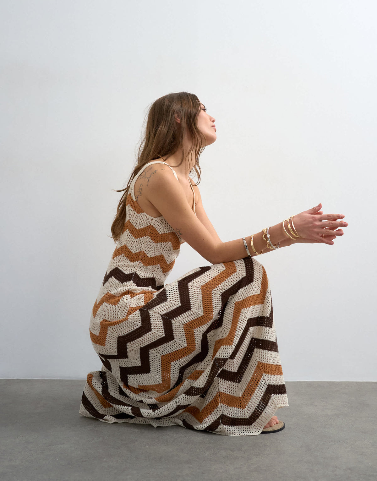 Topshop knitted chevron stripe maxi dress in neutral
