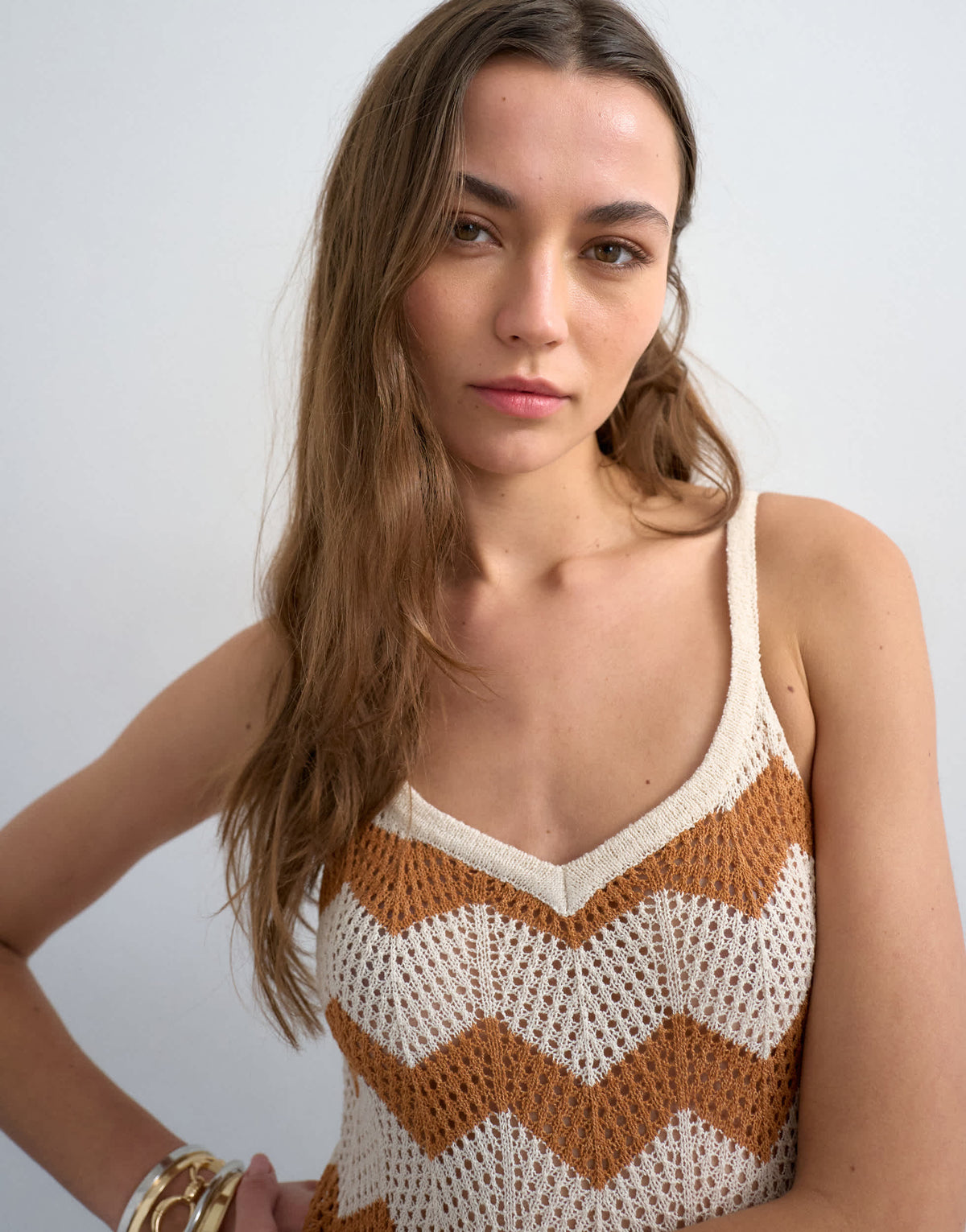 Topshop knitted chevron stripe maxi dress in neutral