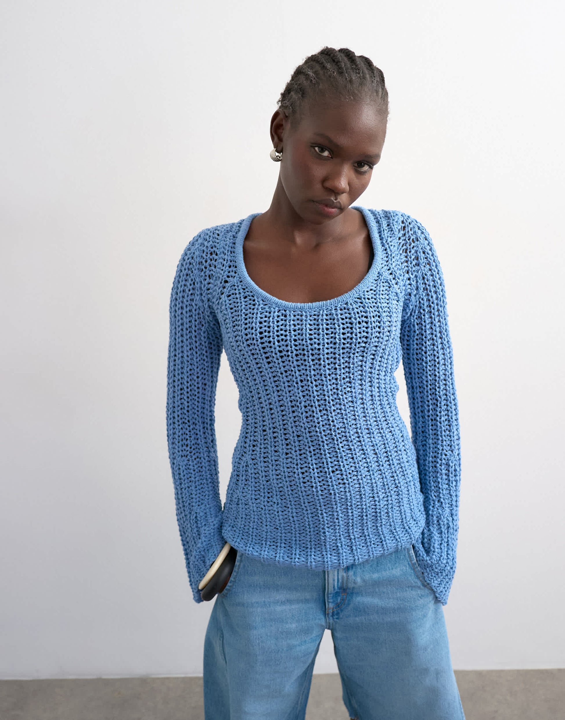 Topshop knitted open stitch long sleeve top in blue
