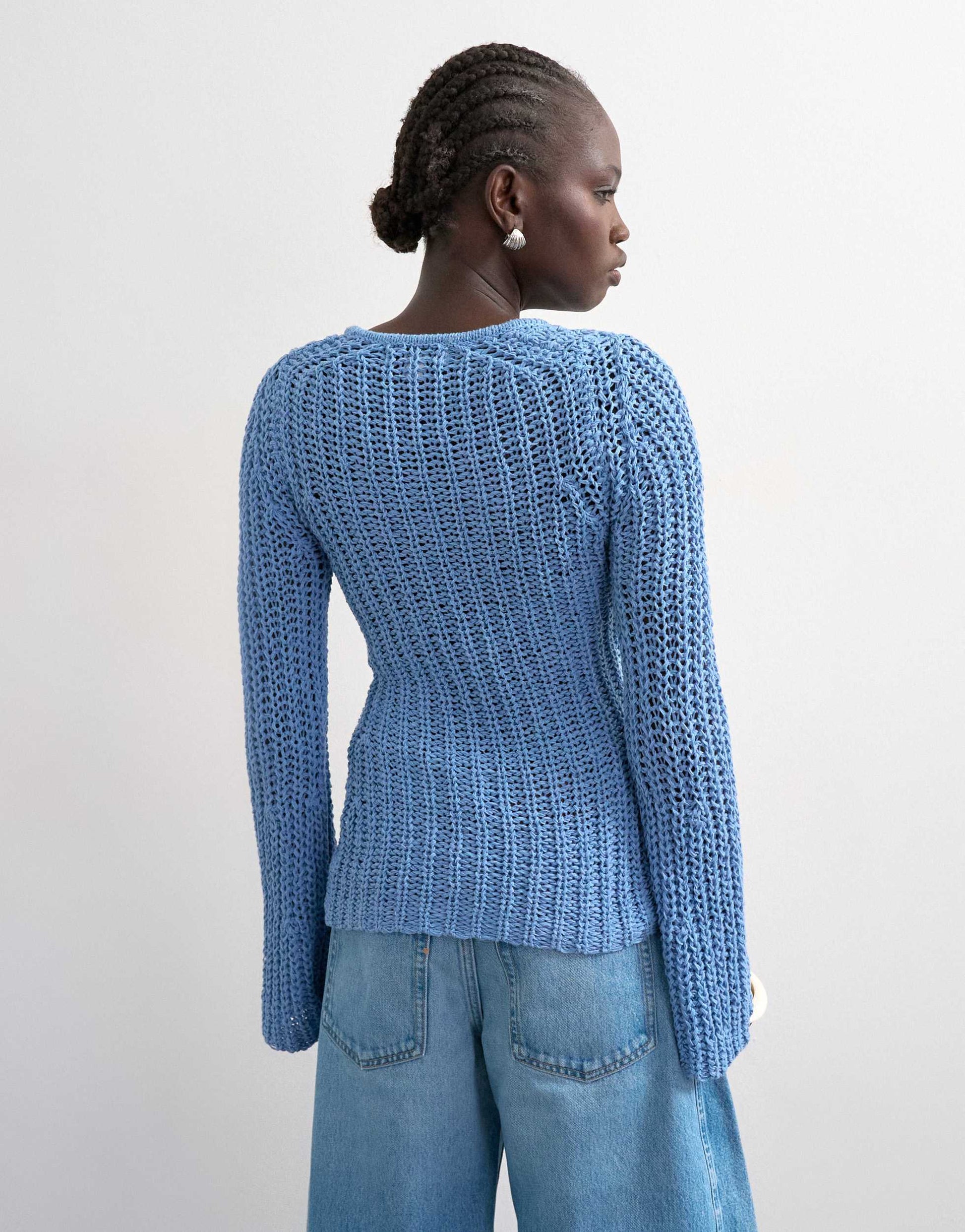 Topshop knitted open stitch long sleeve top in blue