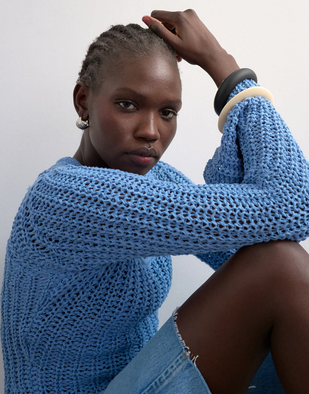 Topshop knitted open stitch long sleeve top in blue