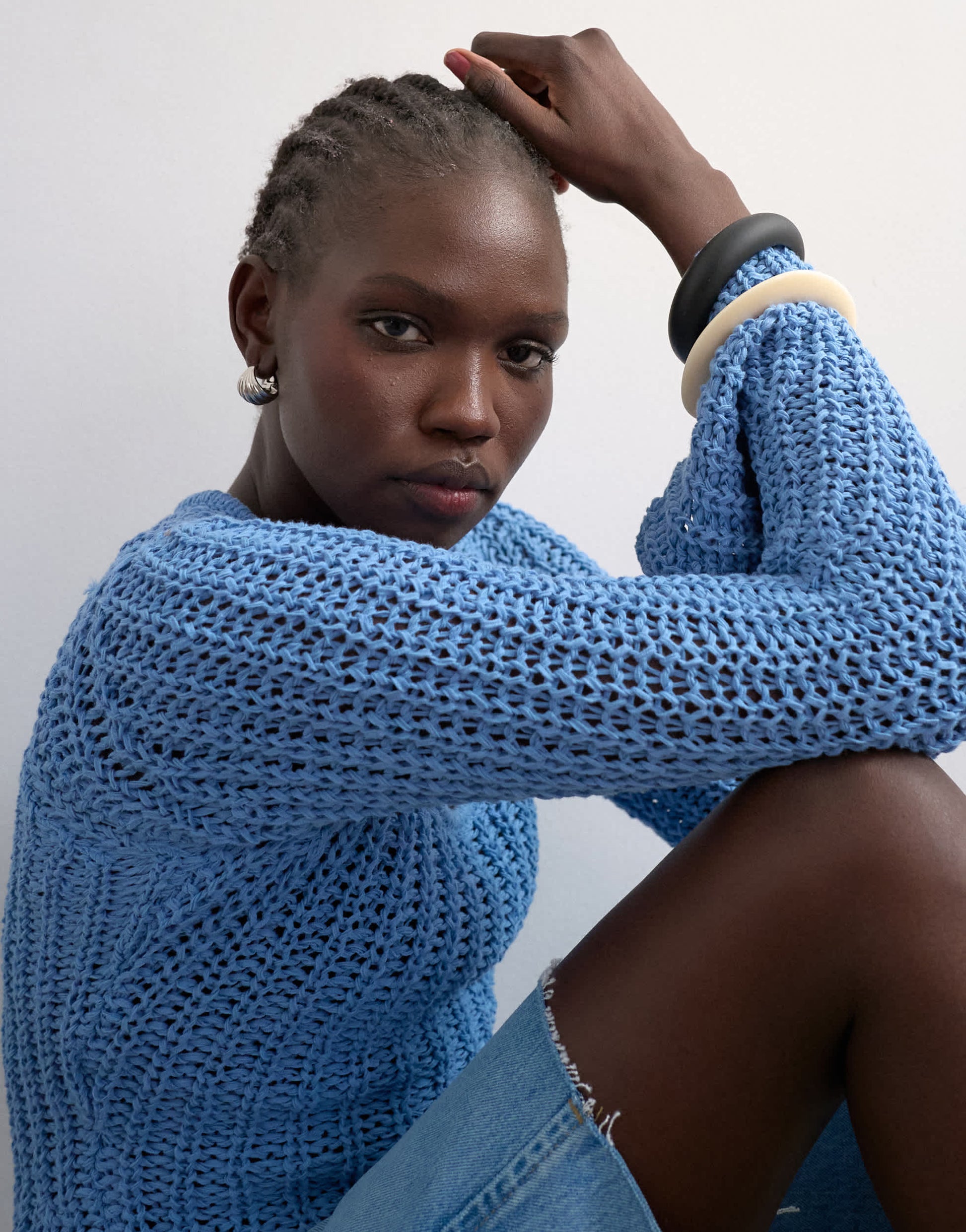 Topshop knitted open stitch long sleeve top in blue