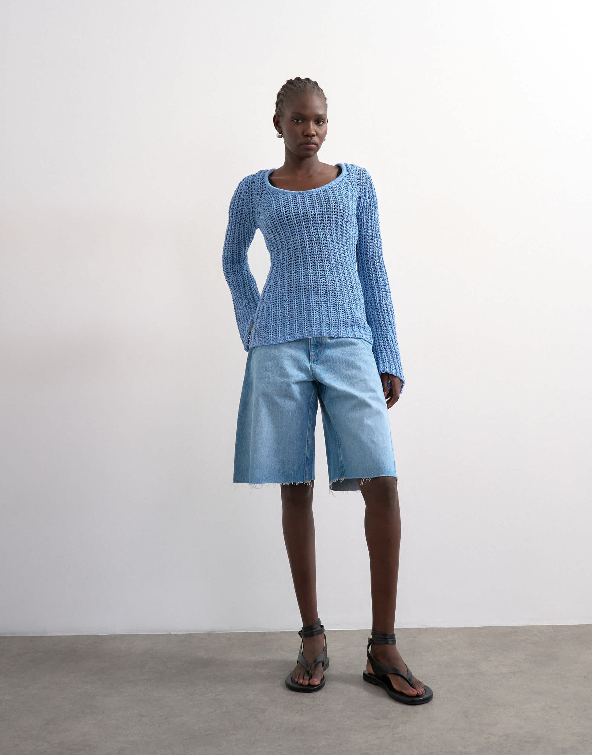 Topshop knitted open stitch long sleeve top in blue