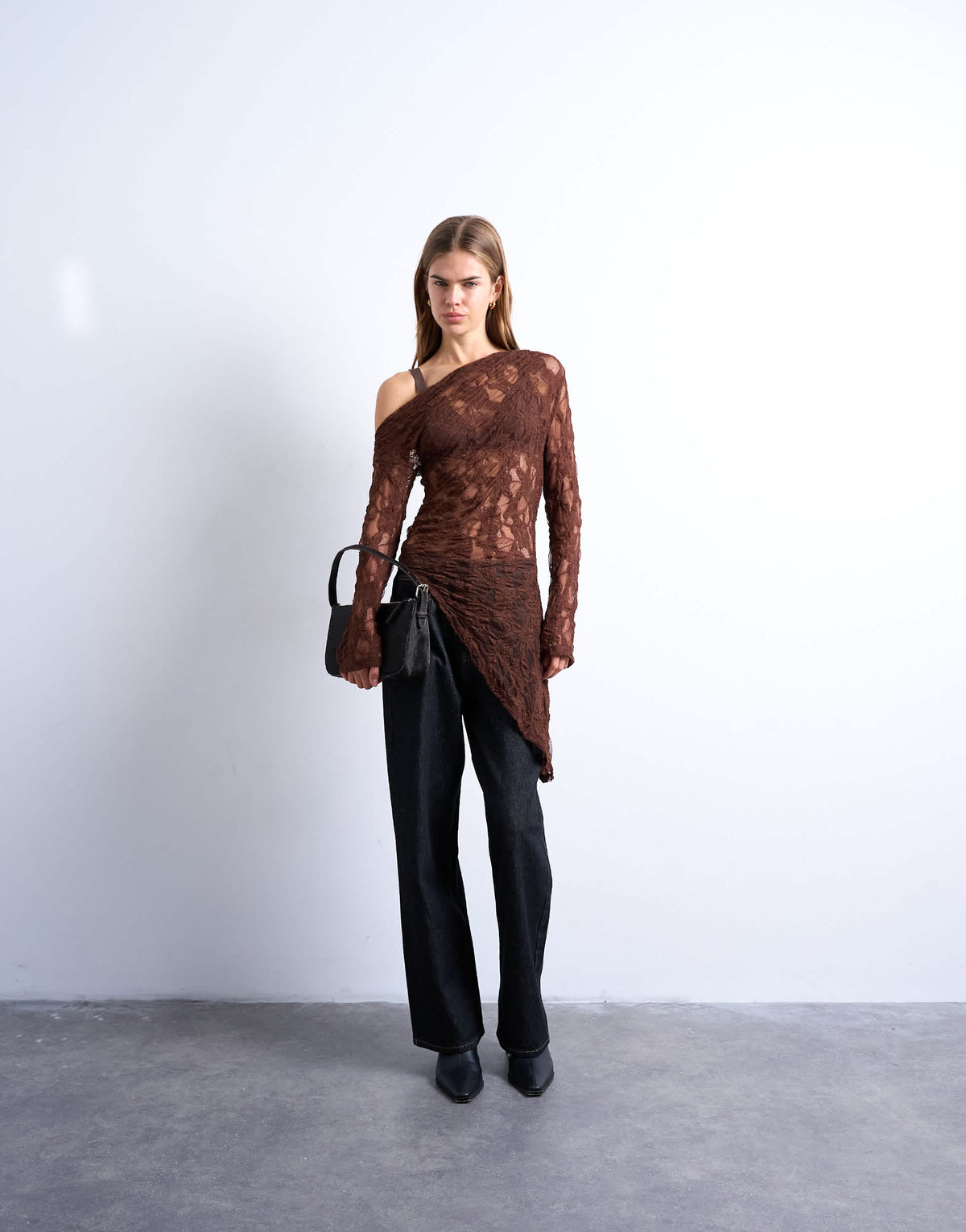 Topshop lace off shoulder tunic long sleeve top in chocolate