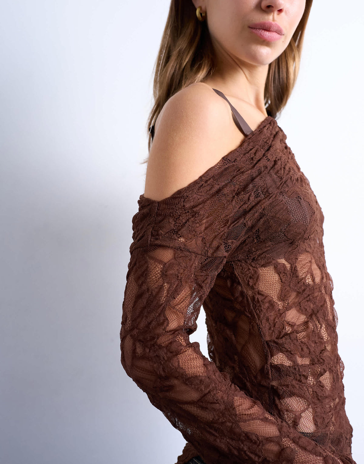 Topshop lace off shoulder tunic long sleeve top in chocolate