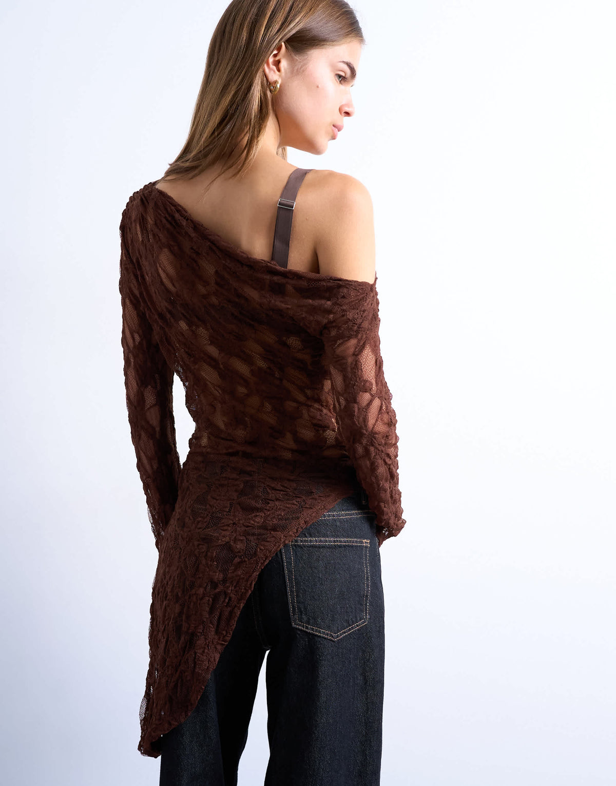Topshop lace off shoulder tunic long sleeve top in chocolate