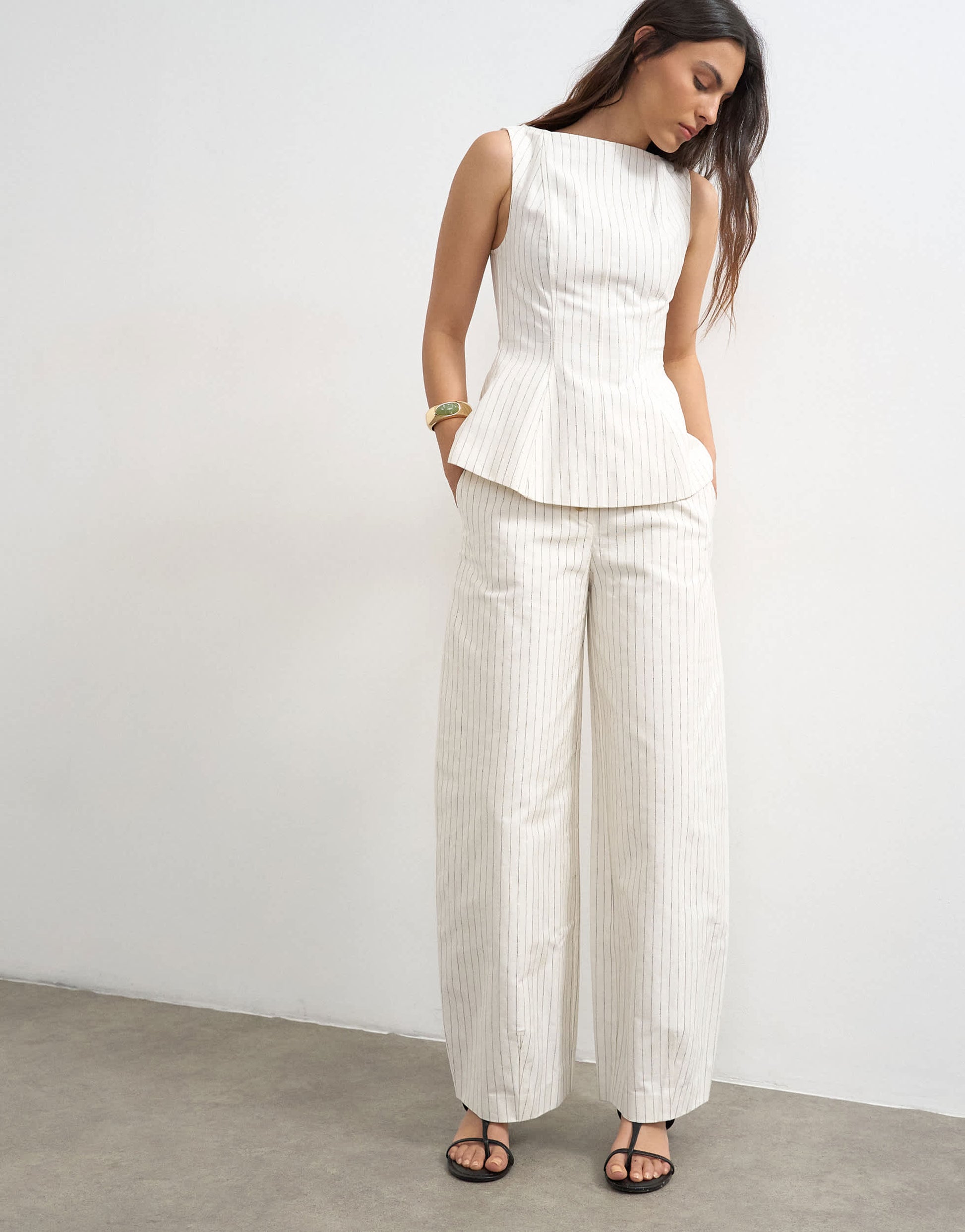 Topshop co ord striped barrel trouser in white