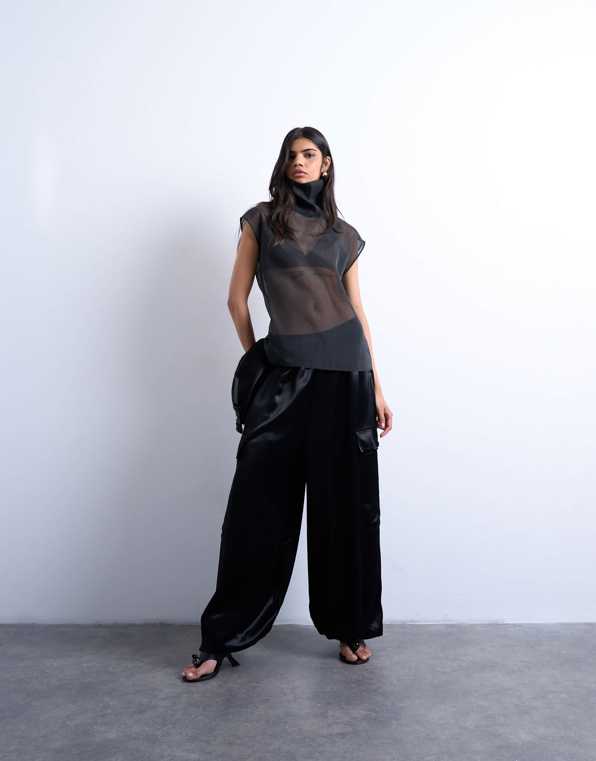 Topshop satin cargo balloon trouser in black